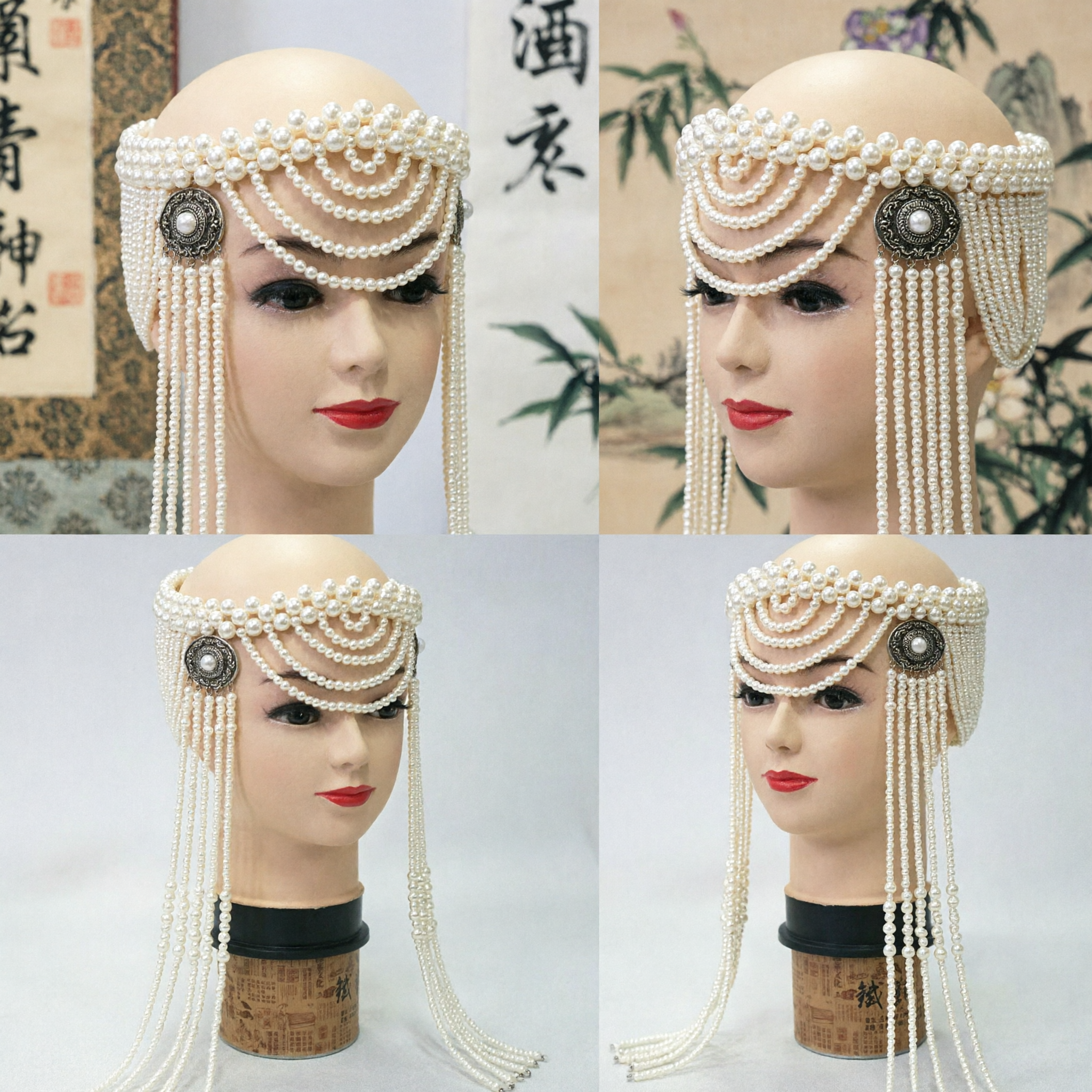 Traditional Chinese Pearl Headpiece Forehead Jewelry for Beijing Opera Bridal Dance Costume Accessory