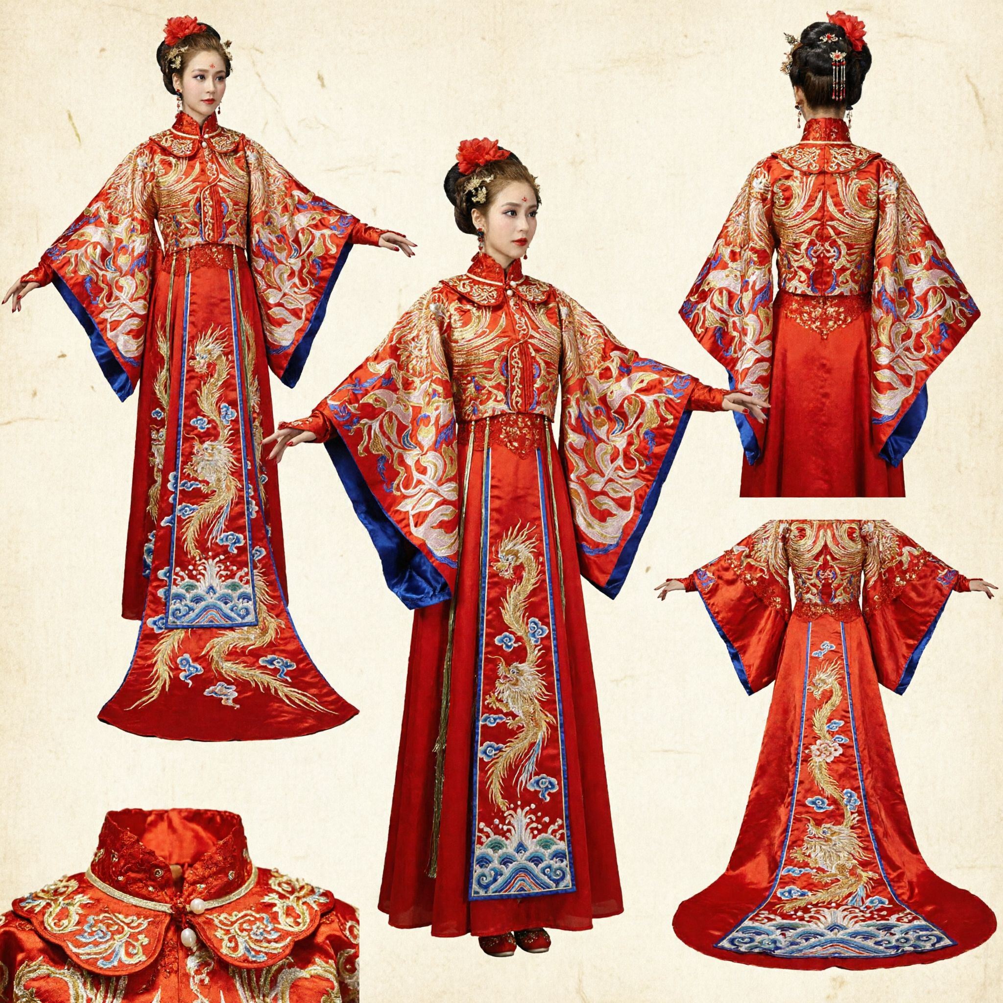 Traditional Chinese Wedding Dress Ancient Bride Red Phoenix Cape Embroidery Gown Hanfu Costume for Women