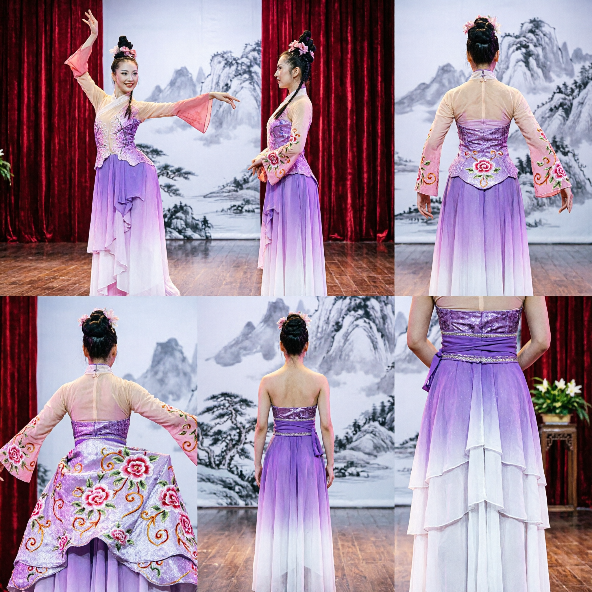 Elegant Purple and Pink Gradient Chinese Classical Dance Costume with Water Sleeves for Women's Stage Performance
