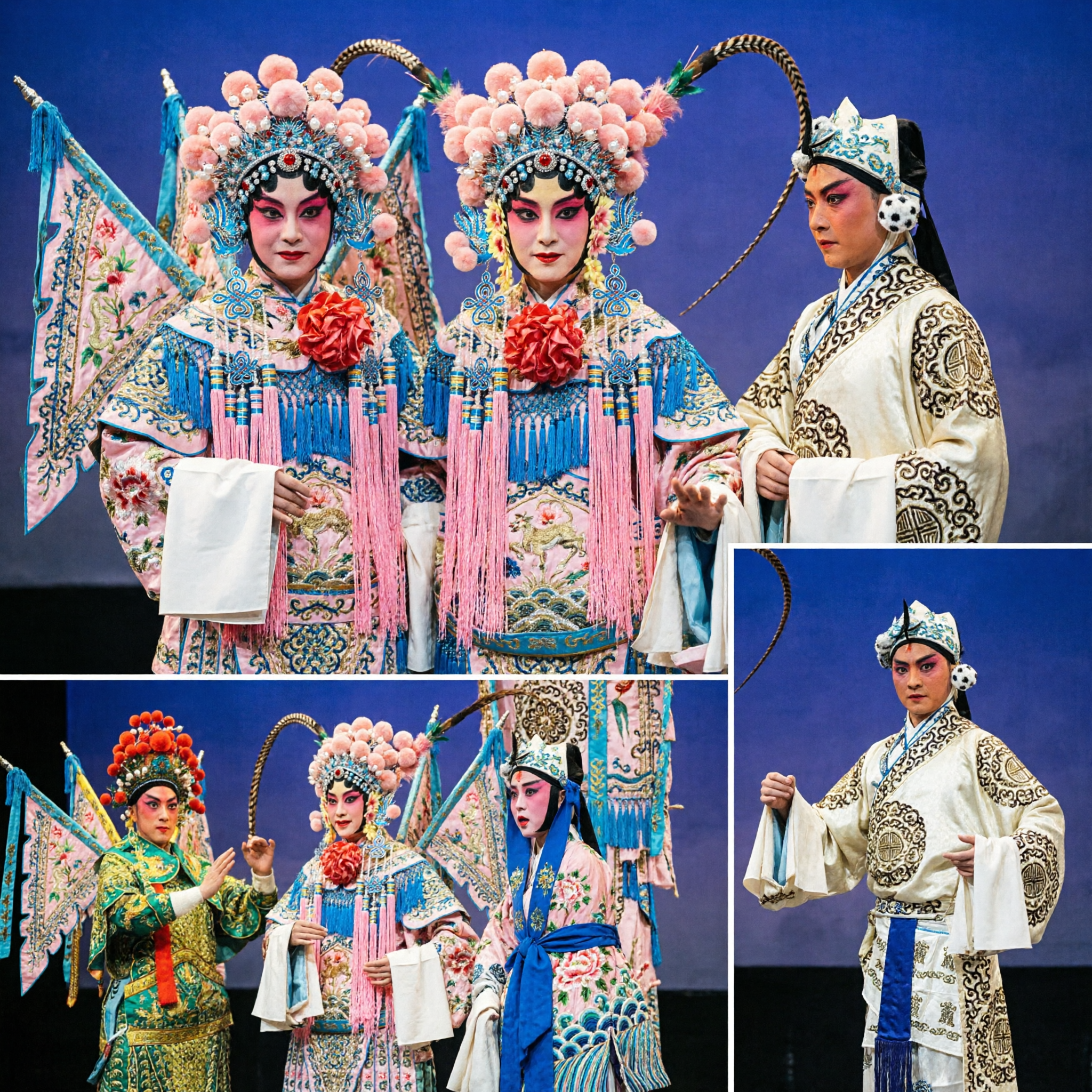Traditional Chinese Beijing Opera Warrior Costumes with Embroidered Robes and Elaborate Headdresses for Stage Performance