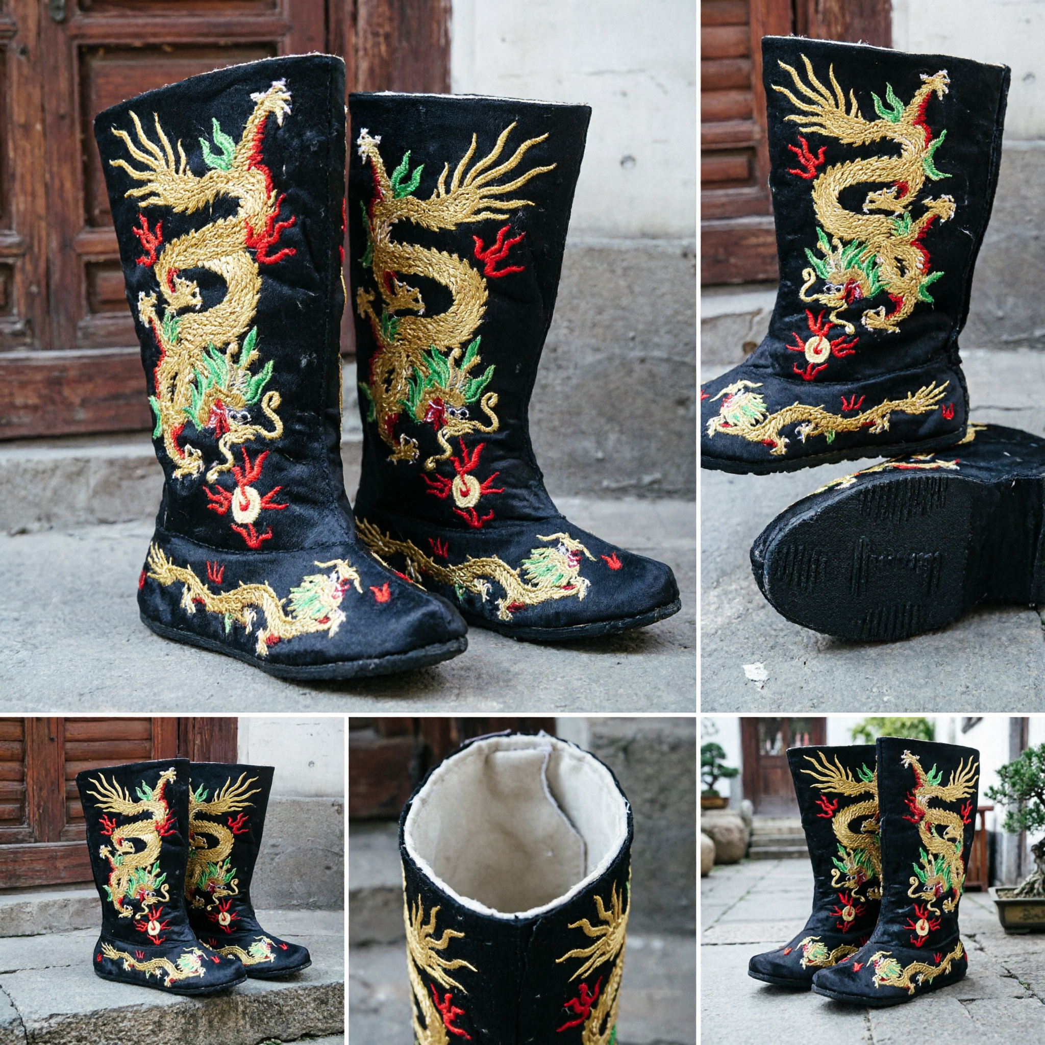 Traditional Chinese Black Velvet Dragon Embroidery Boots Men Ancient Official Peking Opera Kung Fu Hanfu Costume Shoes