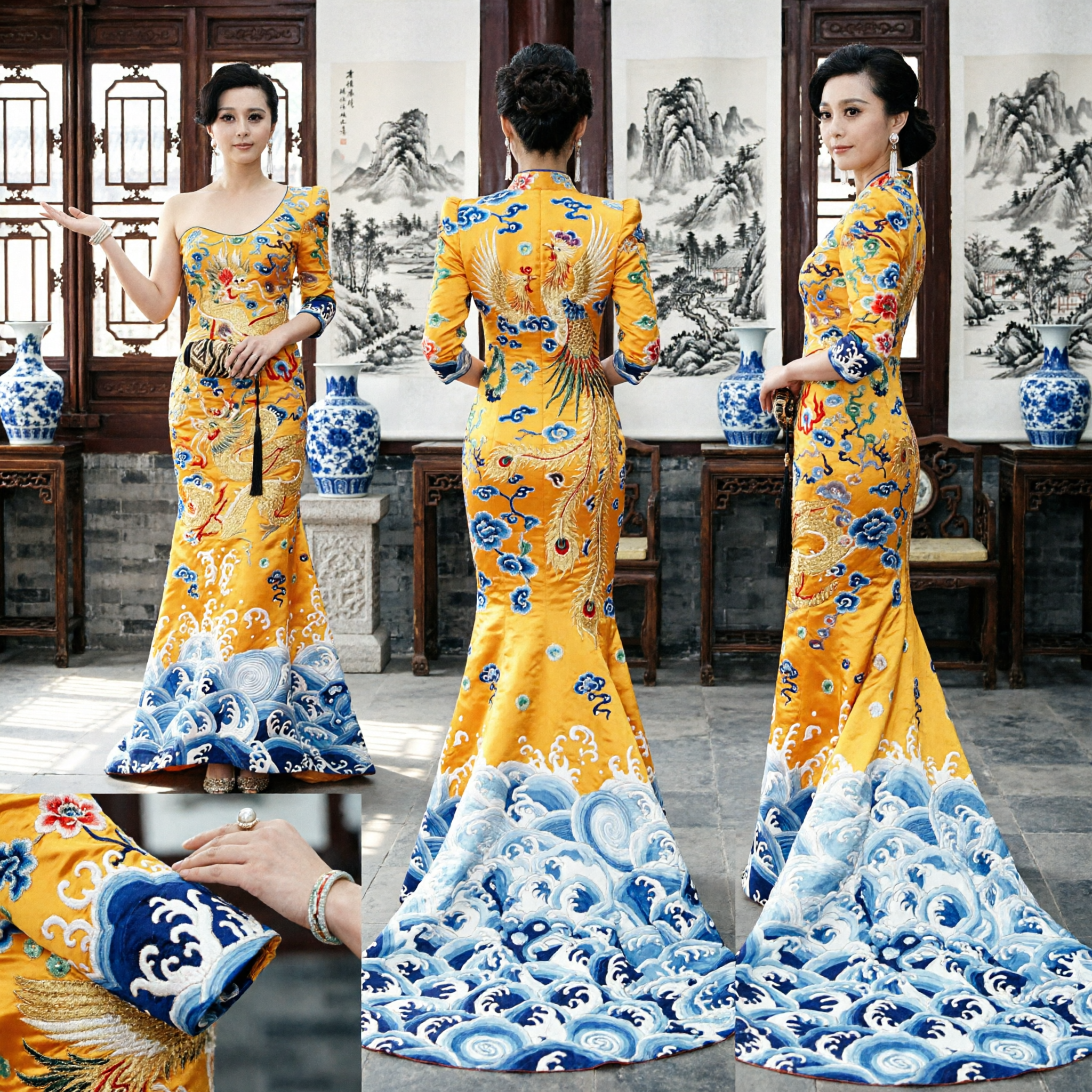 Luxurious Yellow Chinese Dragon Cheongsam Evening Gown Mermaid Style Red Carpet Formal Dress for Women