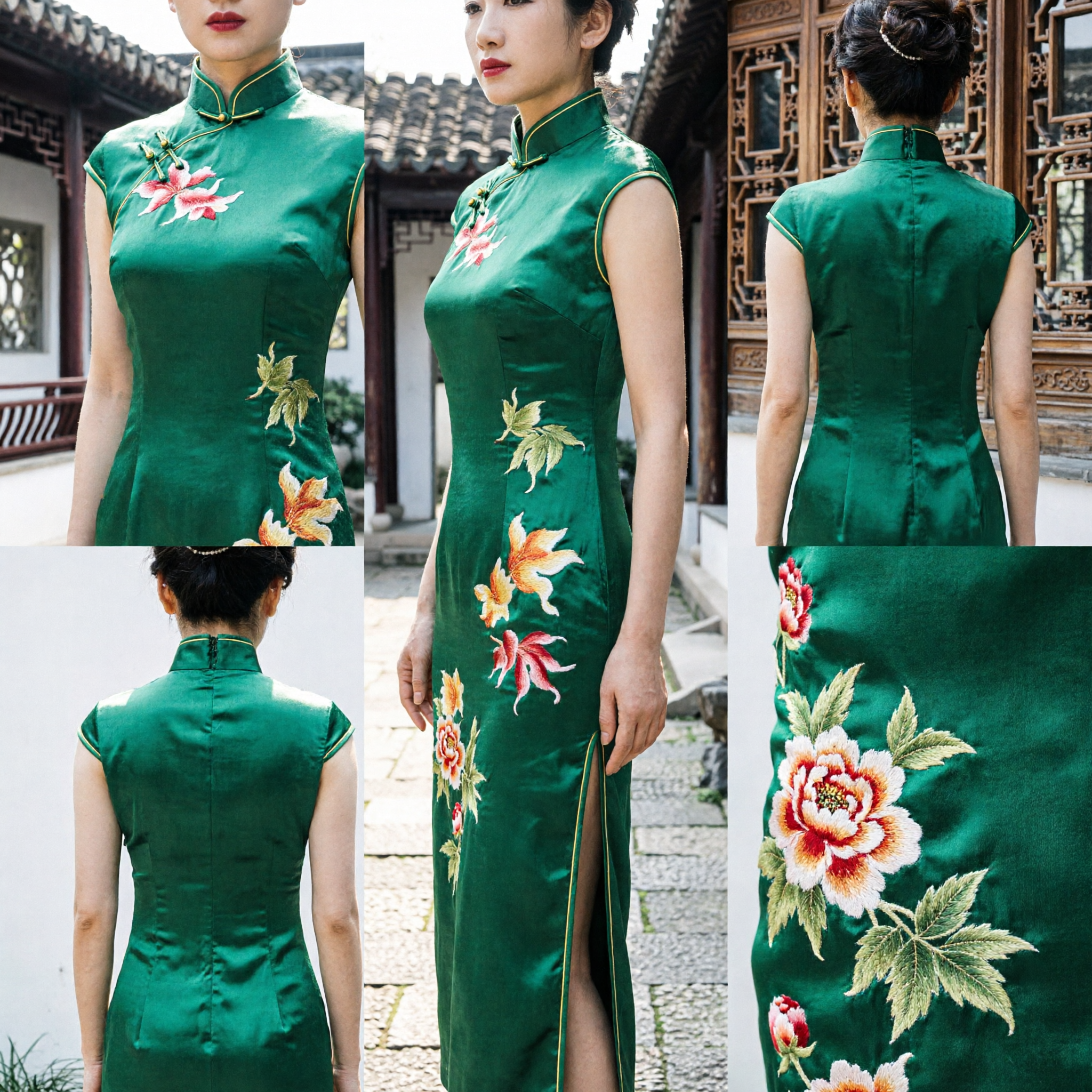 Women's Green Silk Cheongsam Dress Traditional Chinese Qipao with Floral Embroidery Sleeveless Formal Evening Gown