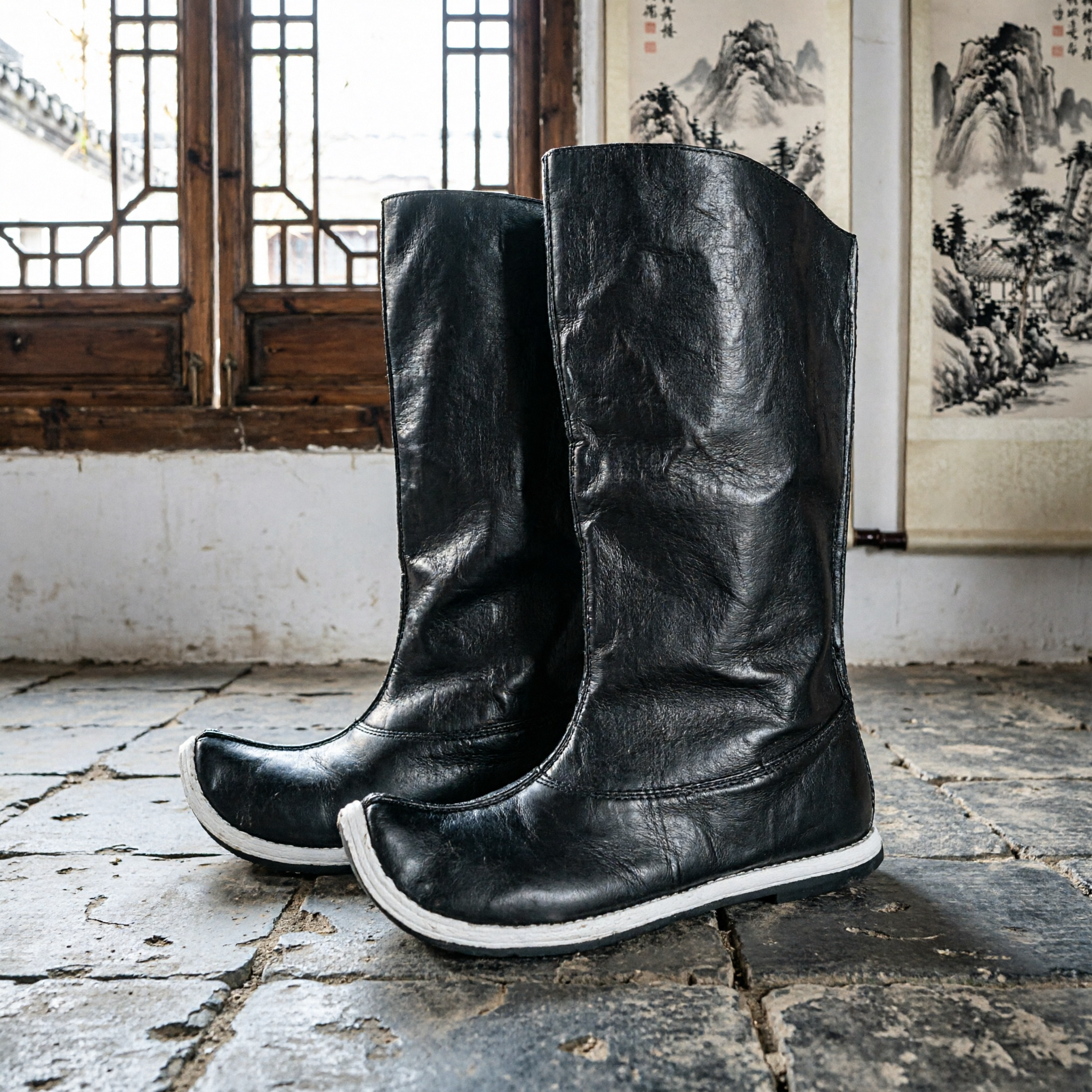 Traditional Chinese Mongolian Black Leather Boots Ancient Warrior Kung Fu Footwear for Men