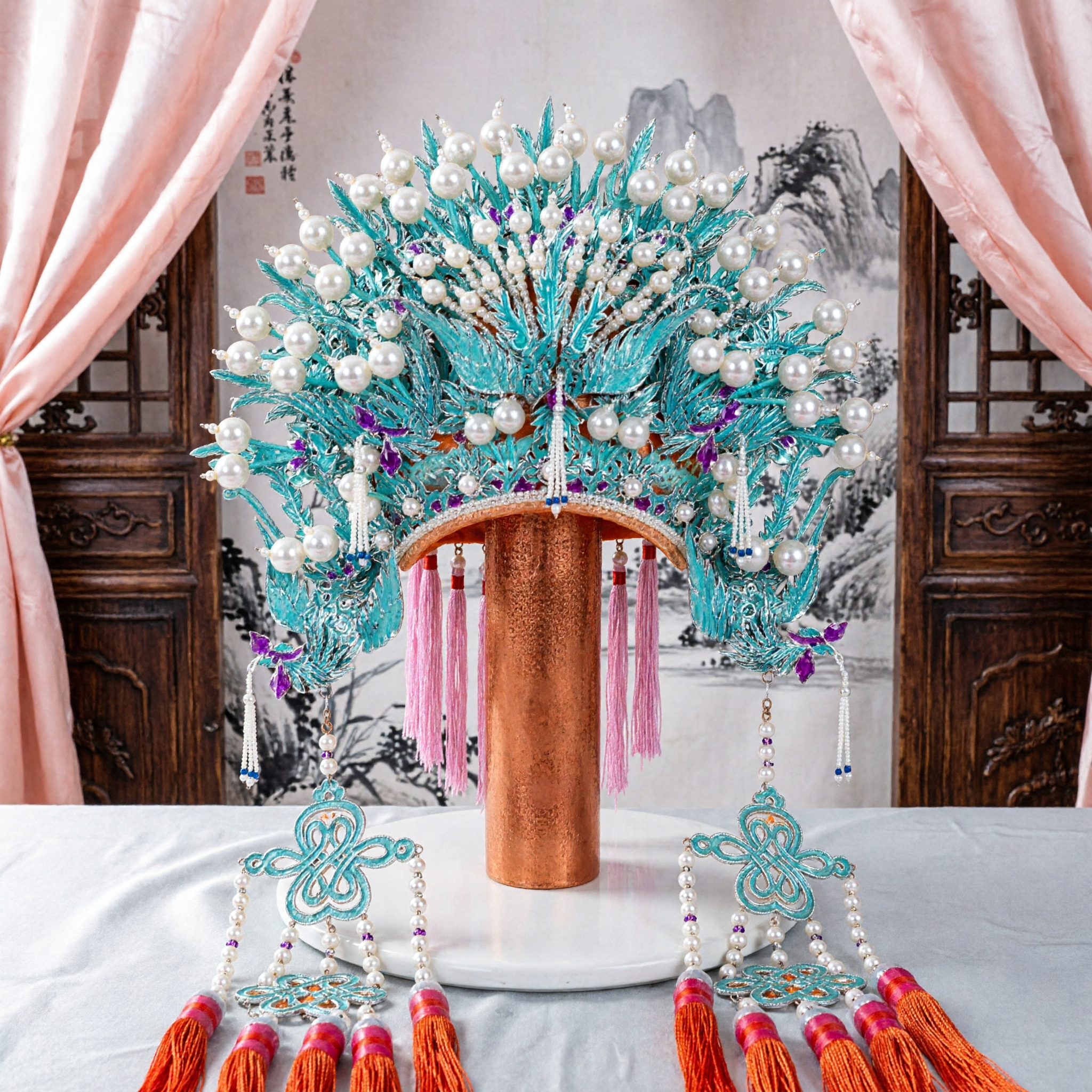 Traditional Chinese Peking Opera Phoenix Crown Headpiece Blue Turquoise Bridal Hair Accessory for Women Stage Performance Costume