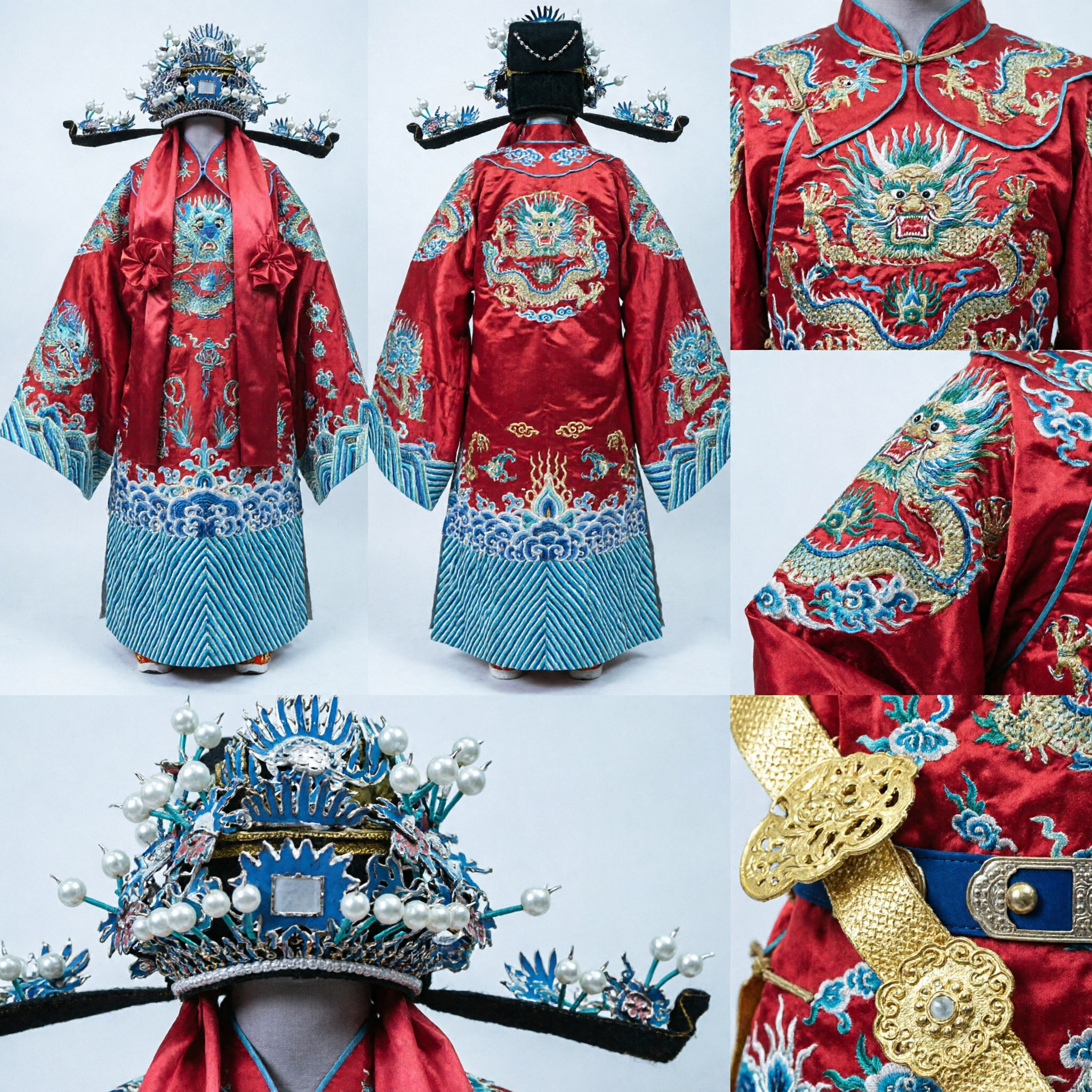 Traditional Chinese Beijing Opera General Costume Red Dragon Robe with Embroidery and Headpiece for Stage Performance