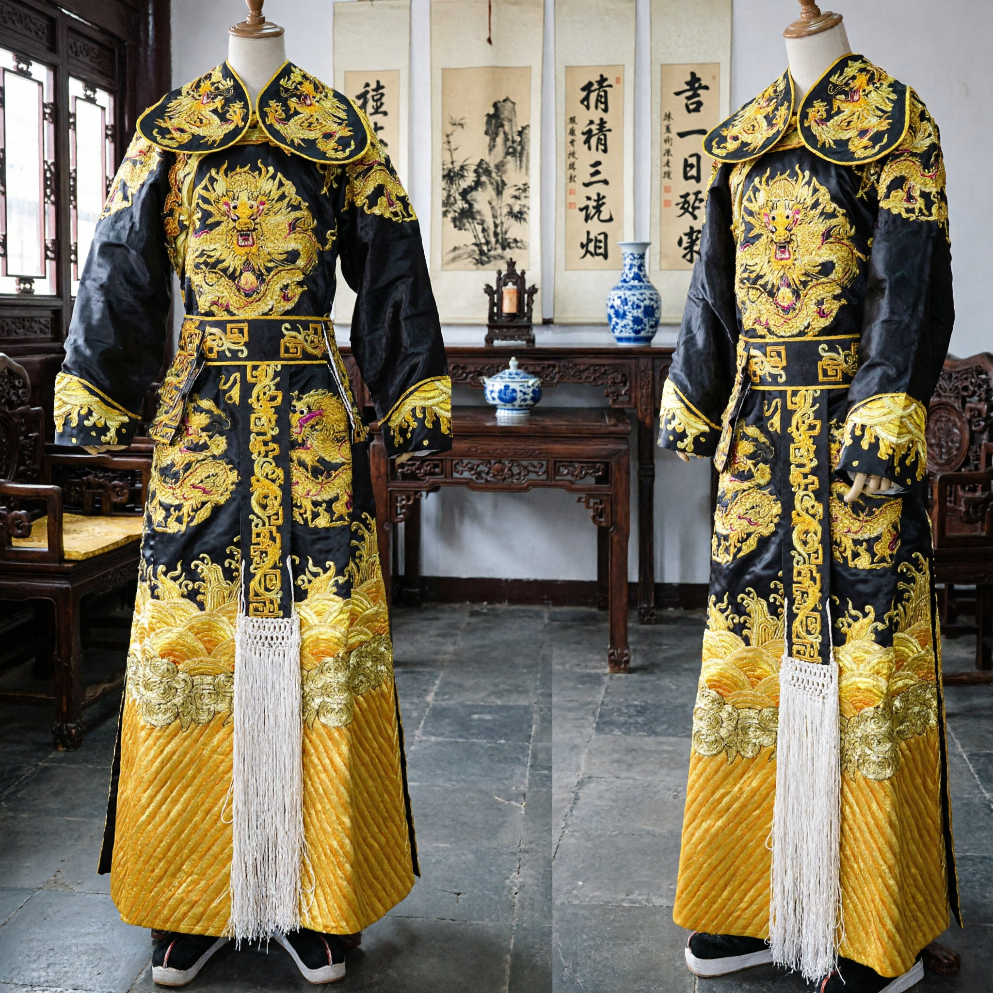 Traditional Chinese Black Dragon Robe Imperial Emperor Costume Gold Embroidery Qing Dynasty Performance Clothing for Men