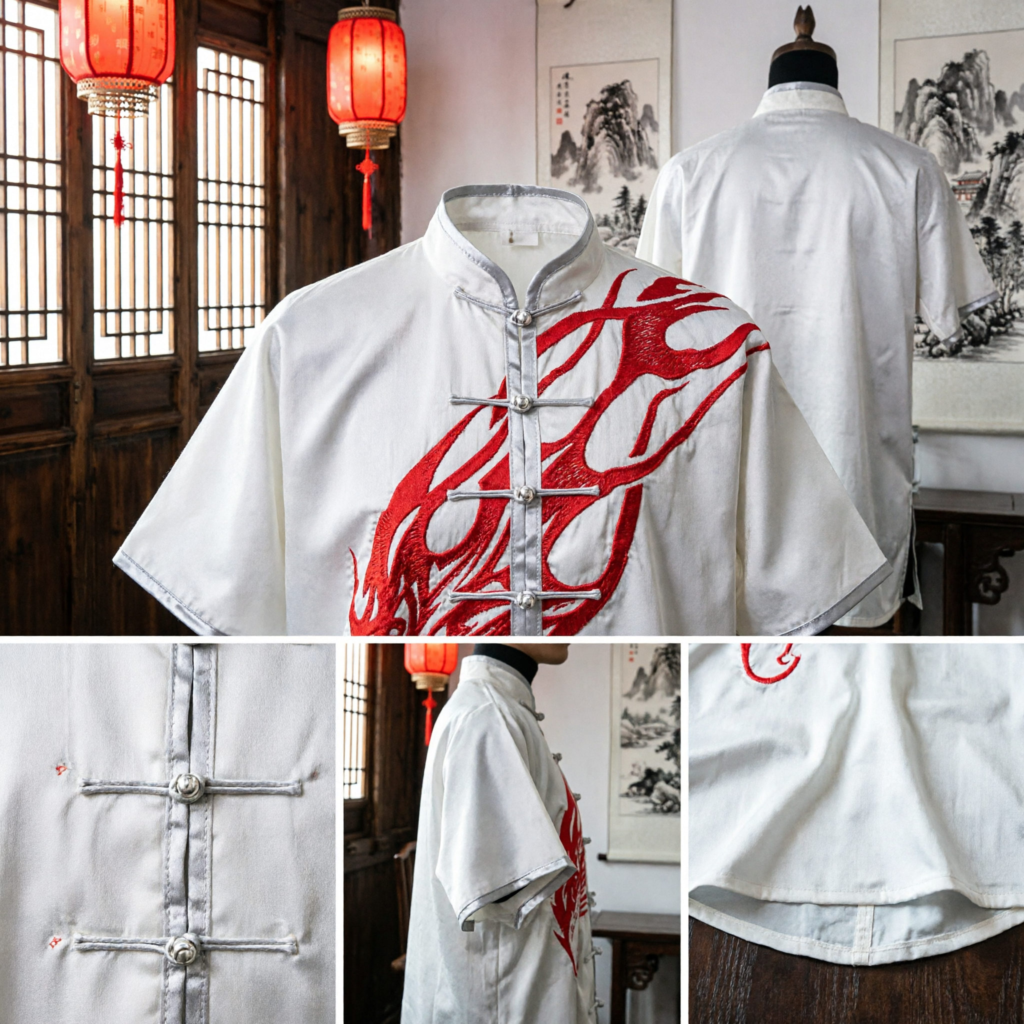 Men's White Traditional Kung Fu Uniform Set with Red Flame Design for Tai Chi and Martial Arts