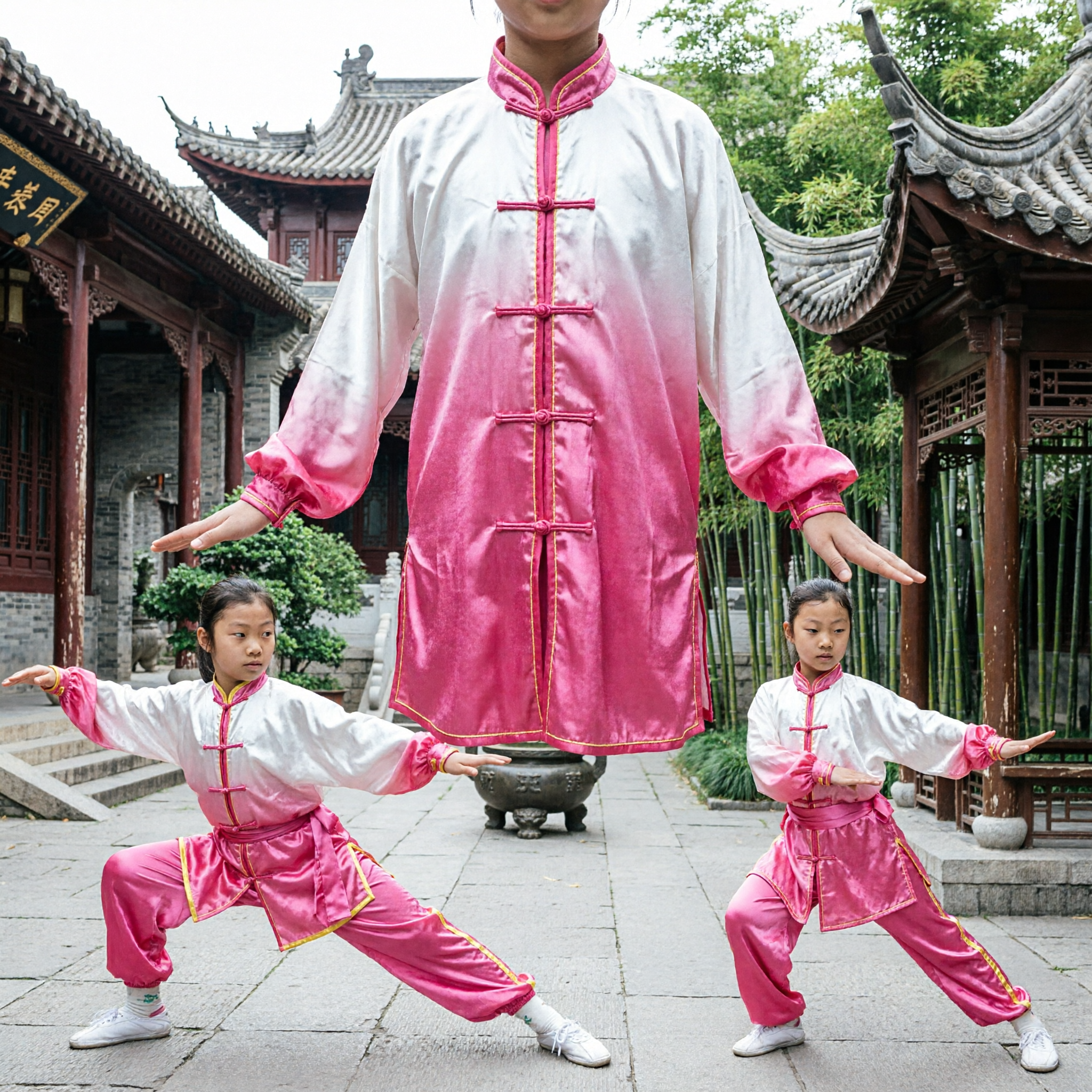 Youth Pink Satin Wushu Uniform Traditional Chinese Kung Fu Martial Arts Performance Costume for Girls