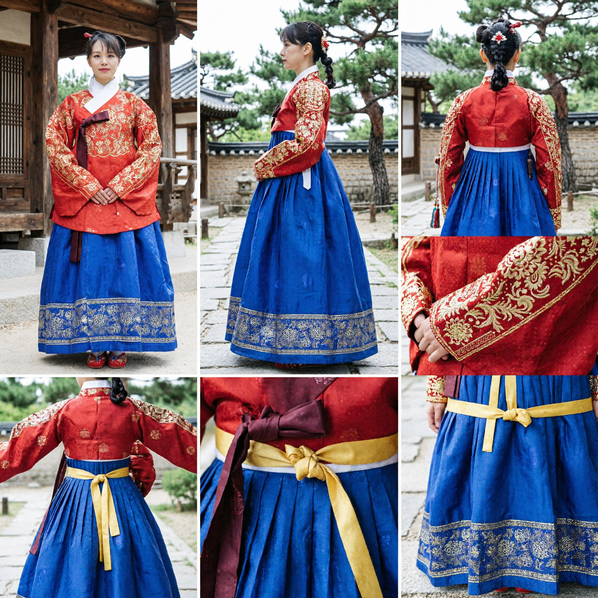 Elegant Korean Hanbok Traditional Dress for Women Red Floral Jeogori Blue Skirt Palace Costume for Wedding