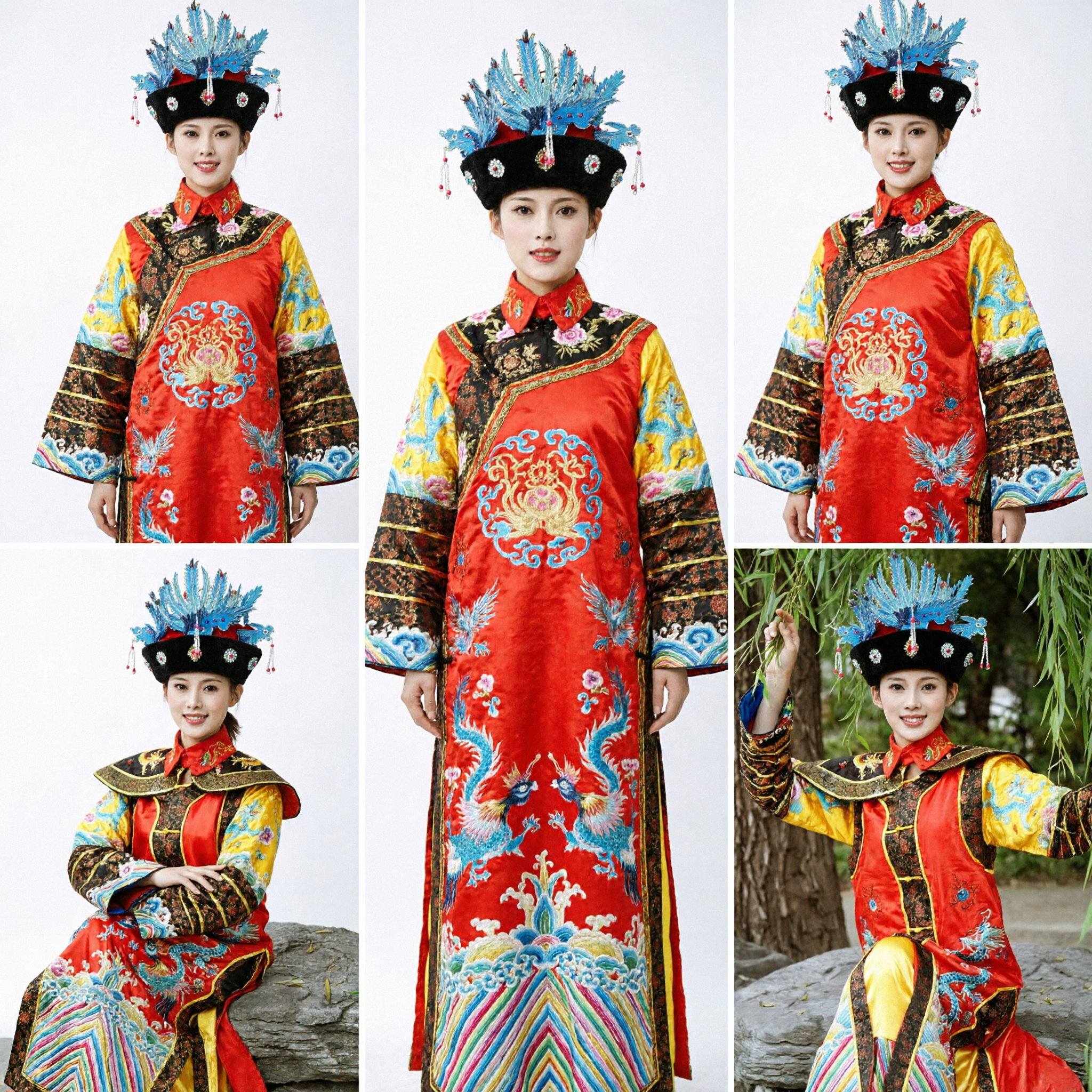 Traditional Chinese Qing Dynasty Palace Lady Costume Ancient Empress Dragon Robe and Headdress for Women Stage Performance