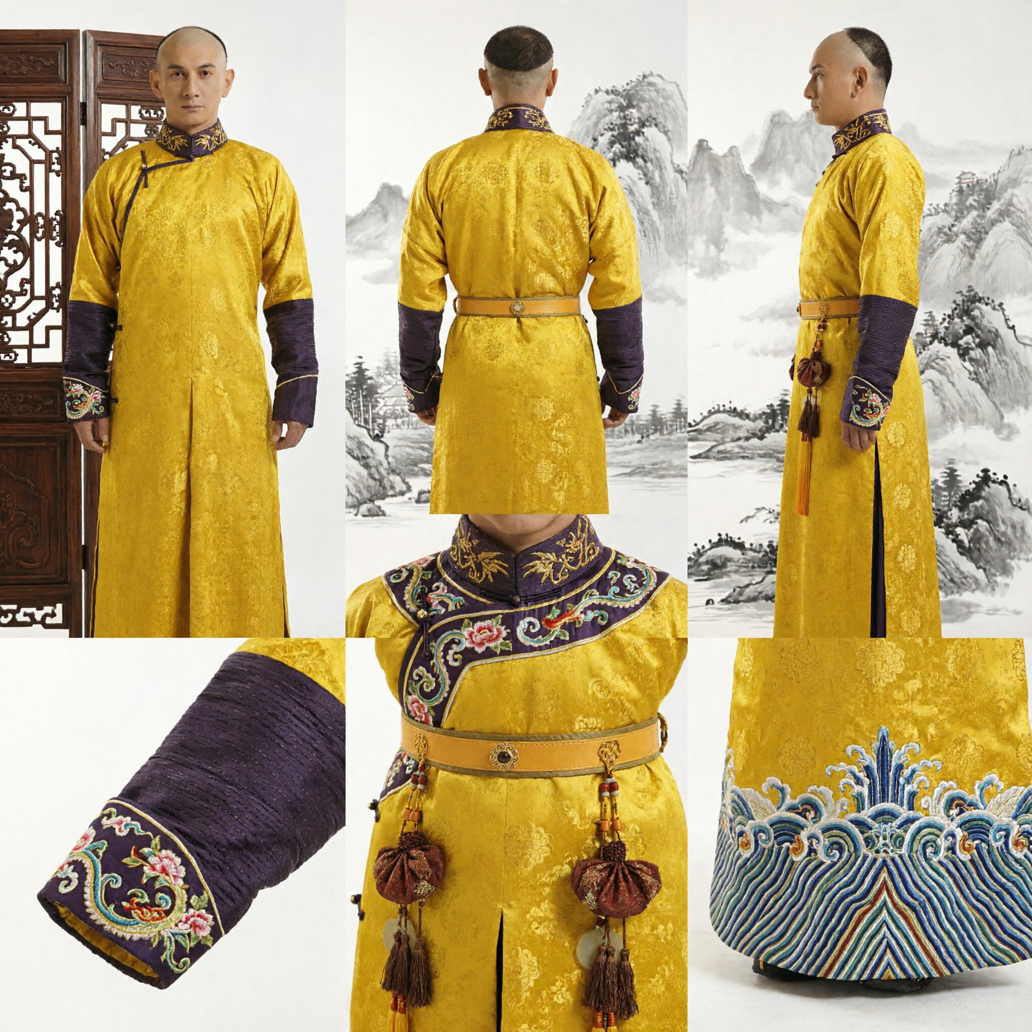 Traditional Chinese Qing Dynasty Yellow Silk Changshan Robe Men's Historical Costume for Cosplay and Drama