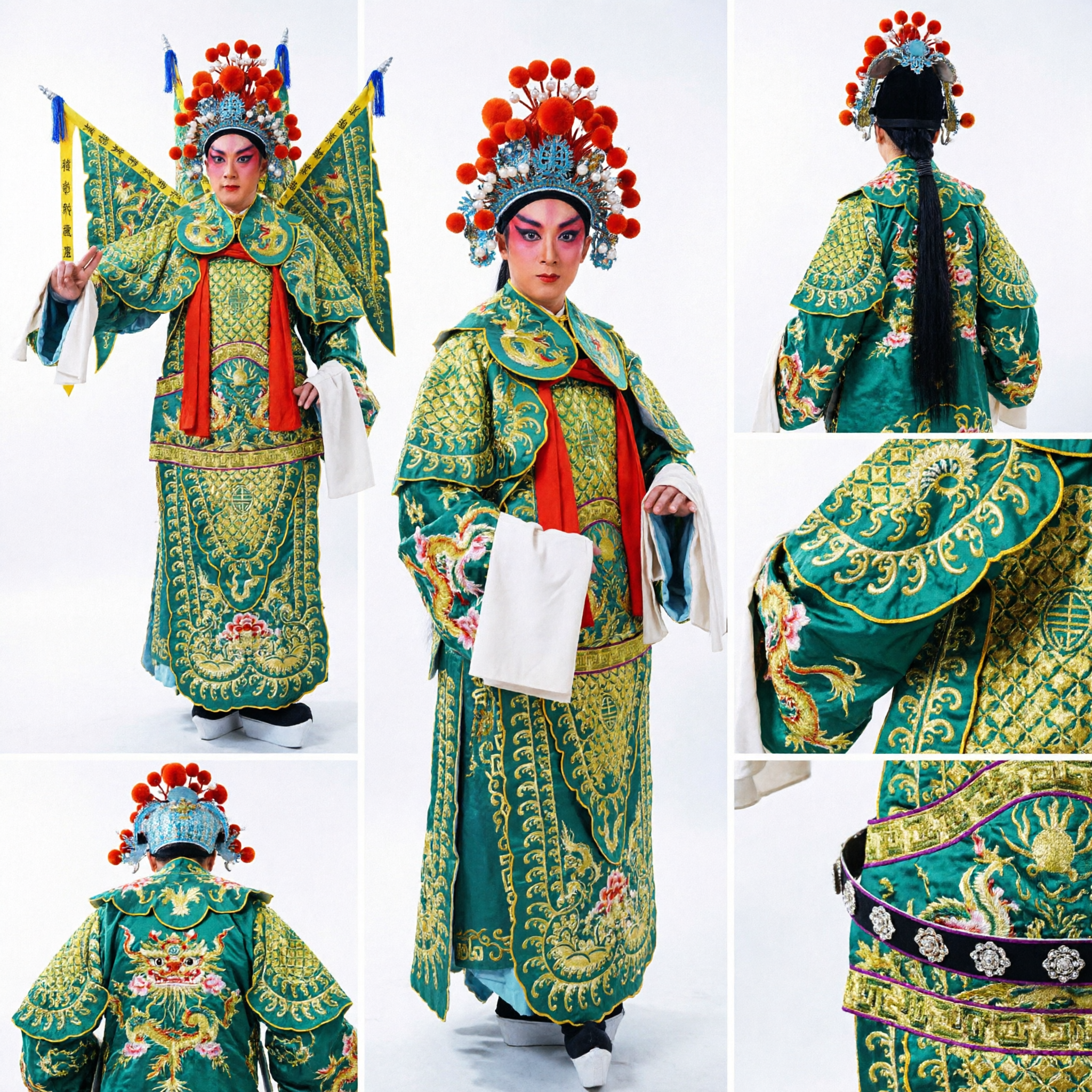 Traditional Chinese Peking Opera General Costume Green Embroidered Armor with Flags and Headdress for Men Performance
