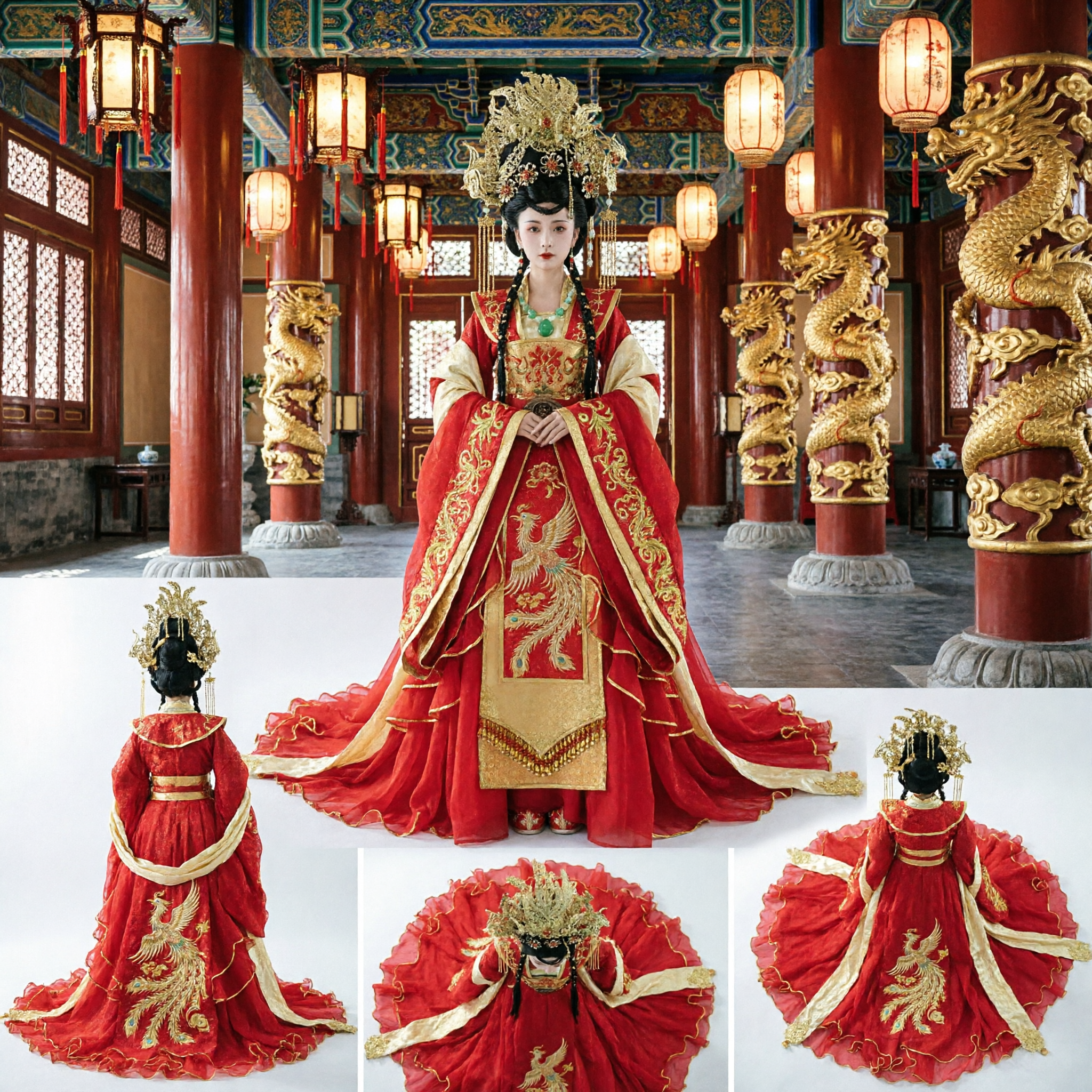 Chinese Traditional Wedding Dress Ancient Hanfu Red Gown with Phoenix Crown Headdress for Bridal Performance