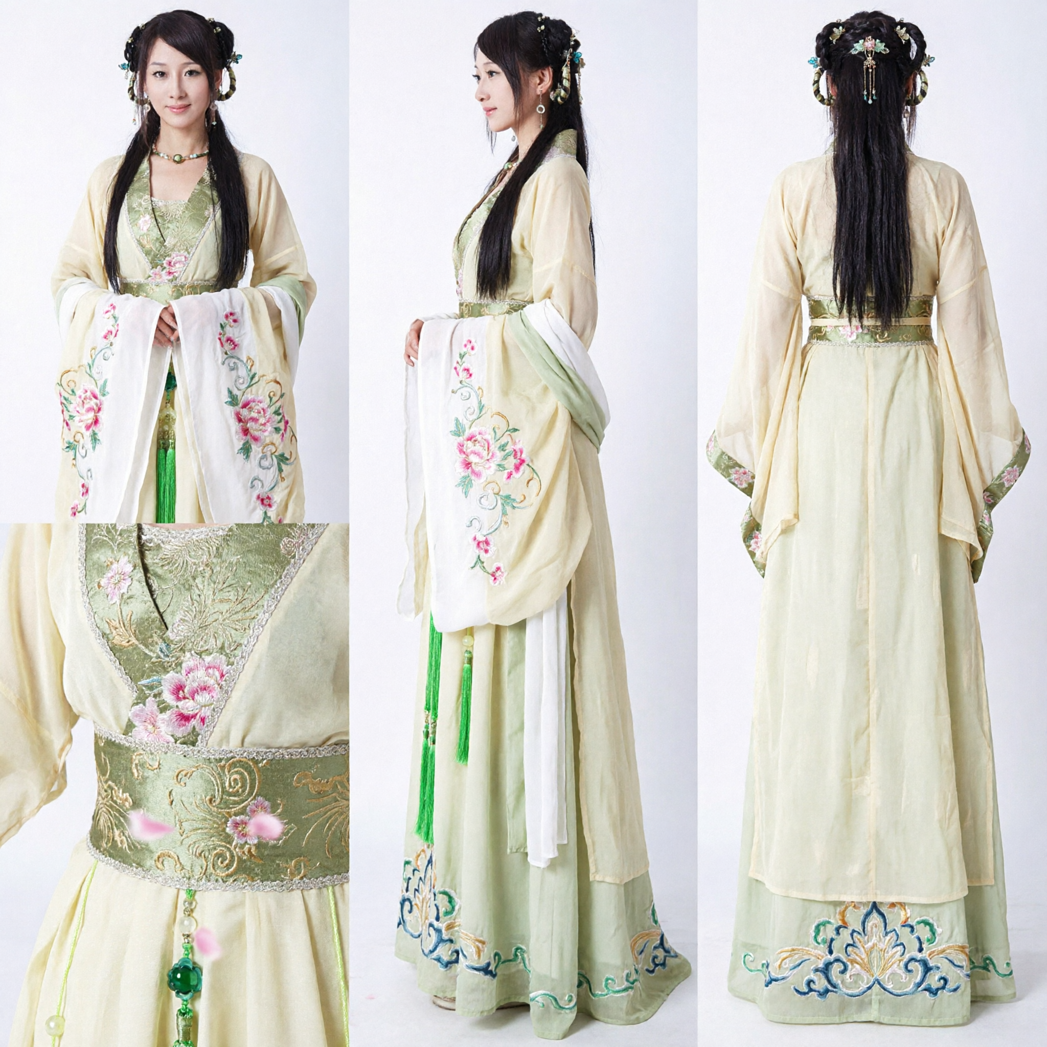 Women's Traditional Chinese Hanfu Ancient Costume Yellow Green Embroidered Dress for Cosplay Photography and Events