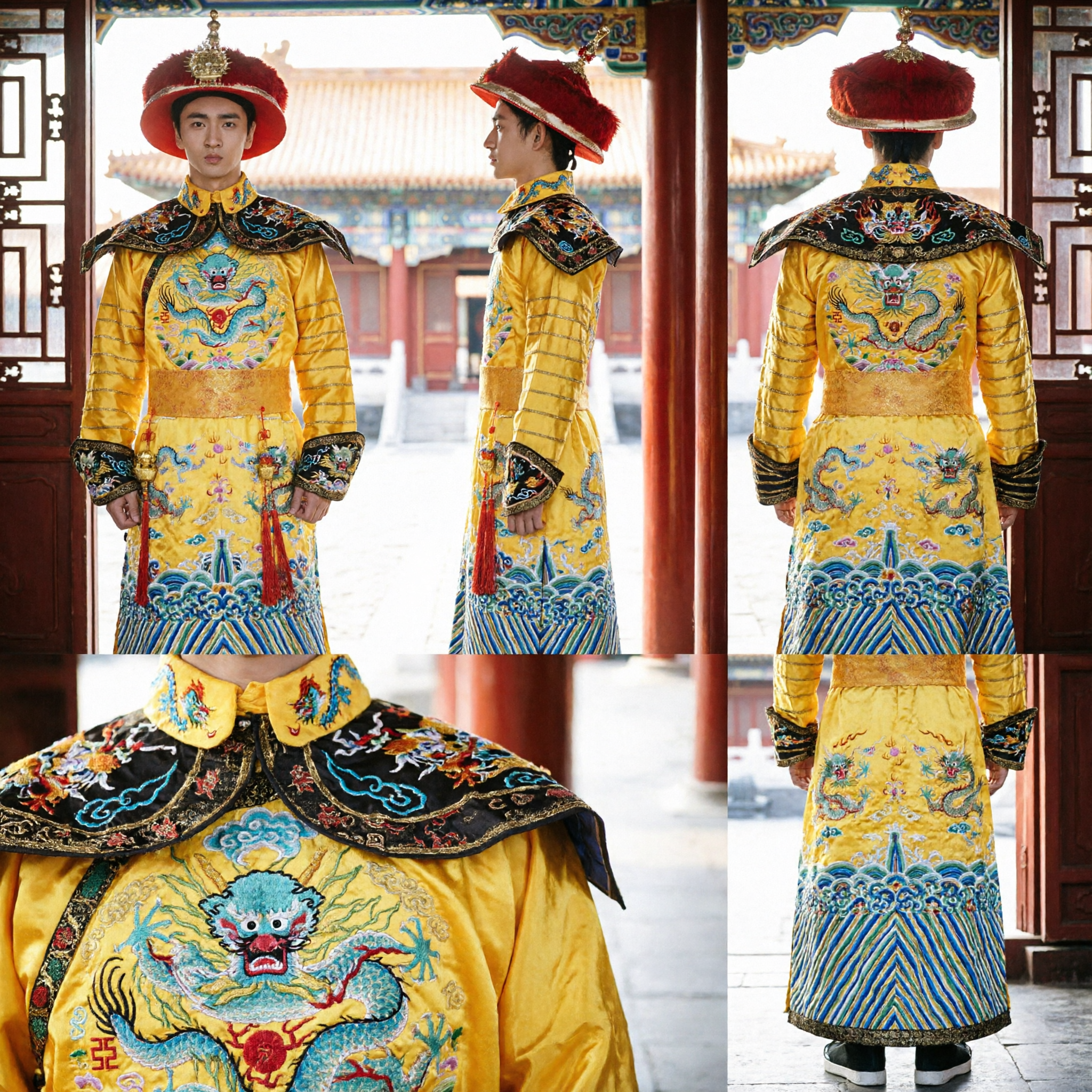 Ancient Chinese Emperor Costume for Boys Yellow Dragon Robe Qing Dynasty Prince Outfit for Kids Cosplay