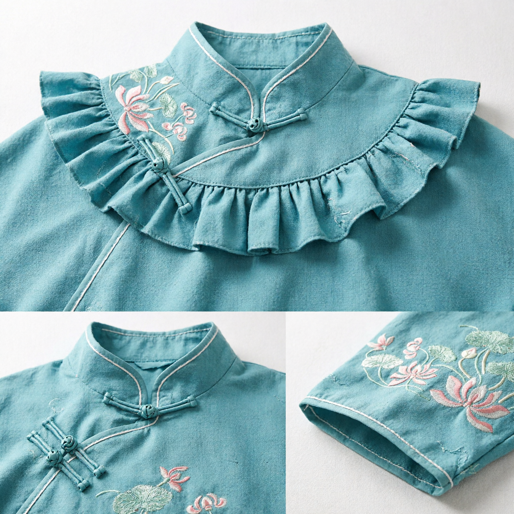 Traditional Chinese Silk Drawstring Pouch with Lotus Embroidery Teal Blue Jewelry Storage Bag Gift Pouch