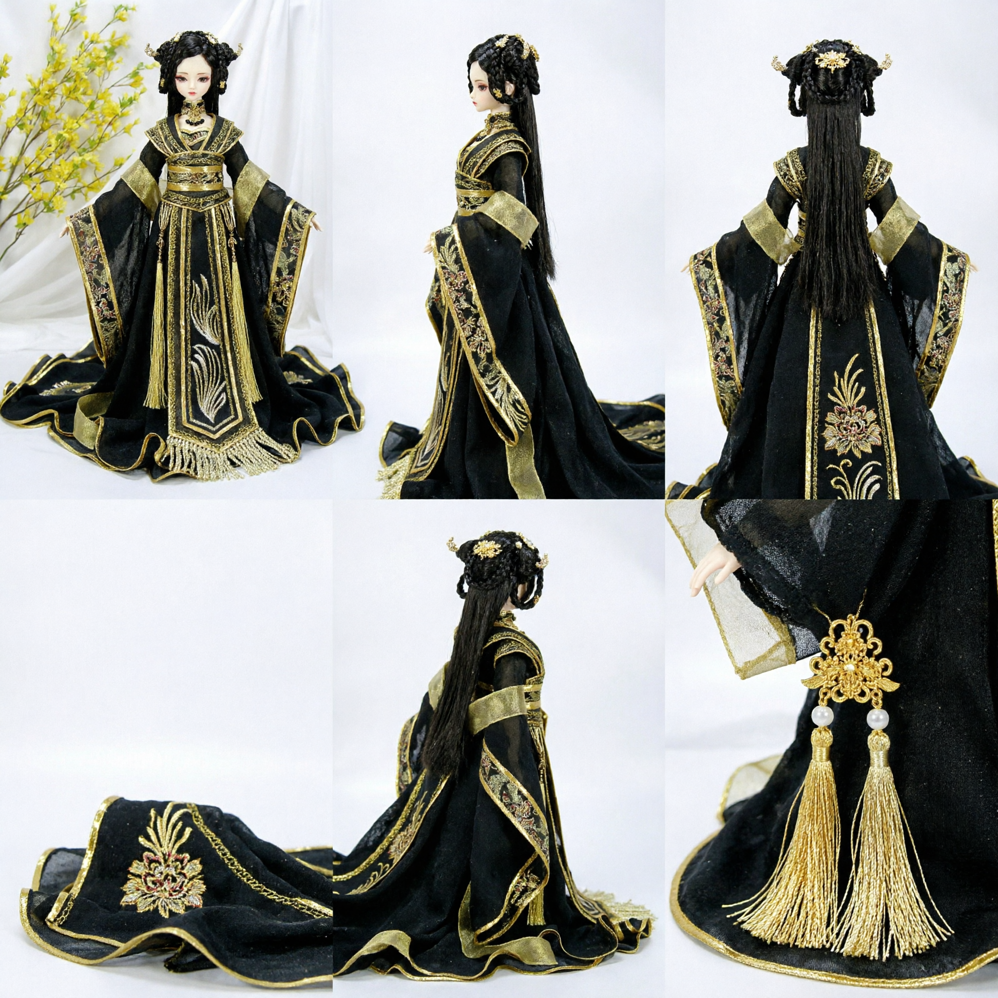 Exquisite Traditional Chinese Hanfu Doll in Black and Gold Empress Costume with Jewelry for Collectors and Home Decor