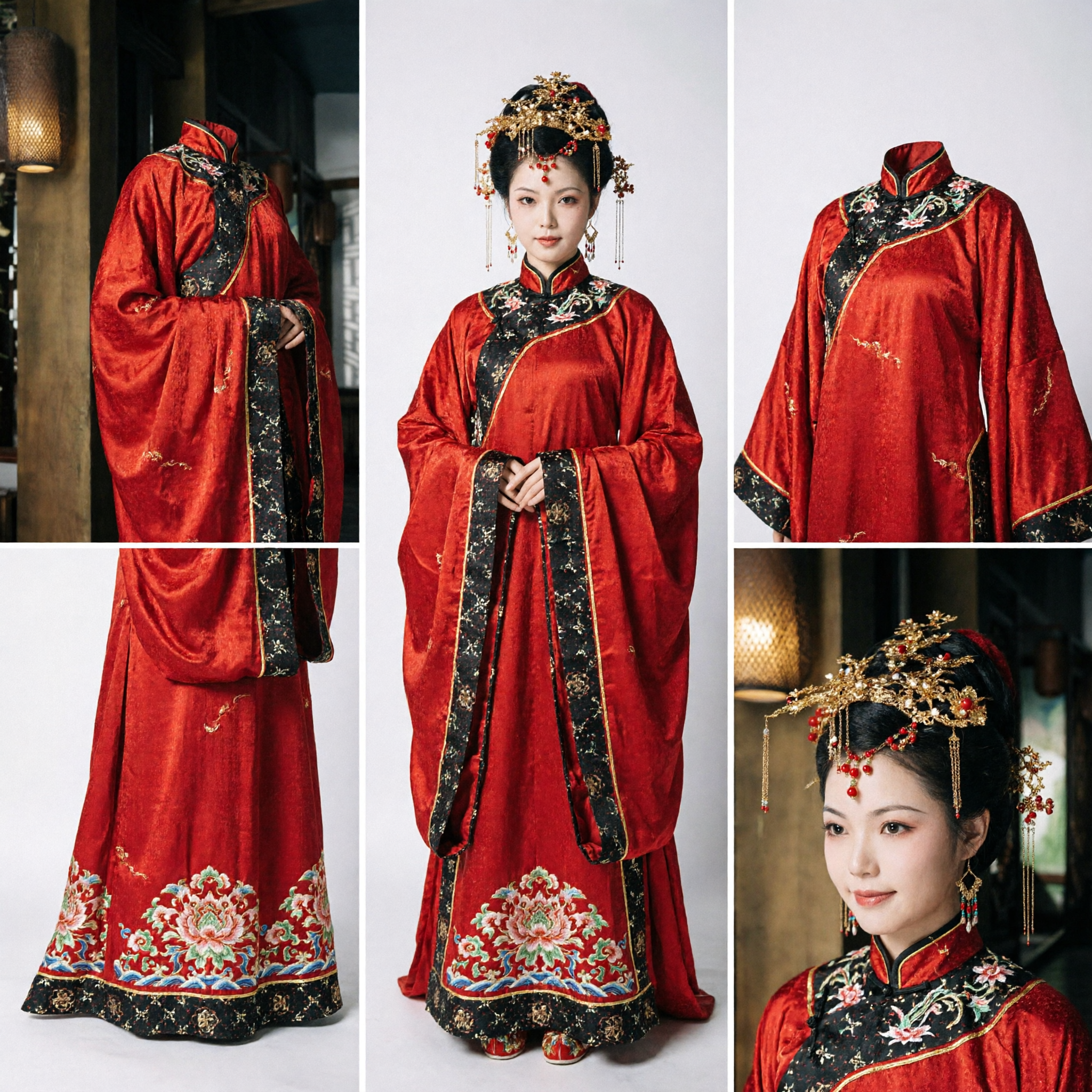 Traditional Chinese Red Hanfu Costume with Embroidery and Headdress for Women Ancient Wedding Photography