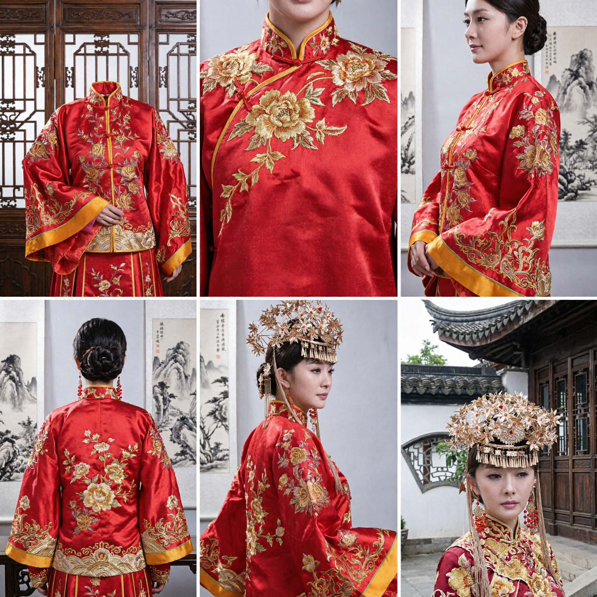 Traditional Chinese Wedding Dress Red Qun Kwa Embroidered Dragon Phoenix Gown for Bride Costume