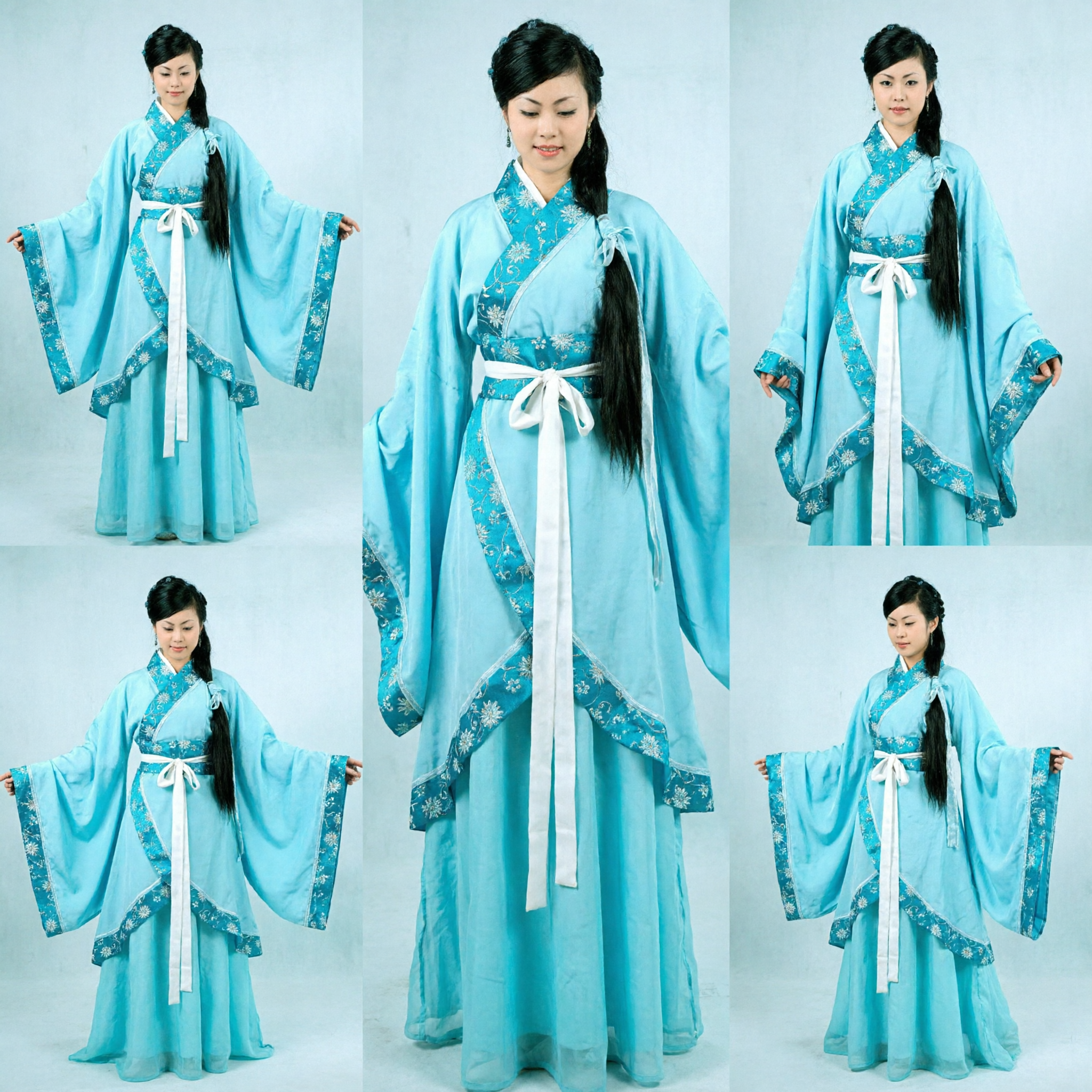 Elegant Traditional Chinese Hanfu Costume Light Blue Ancient Embroidered Cross Collar Wide Sleeve Dress for Women