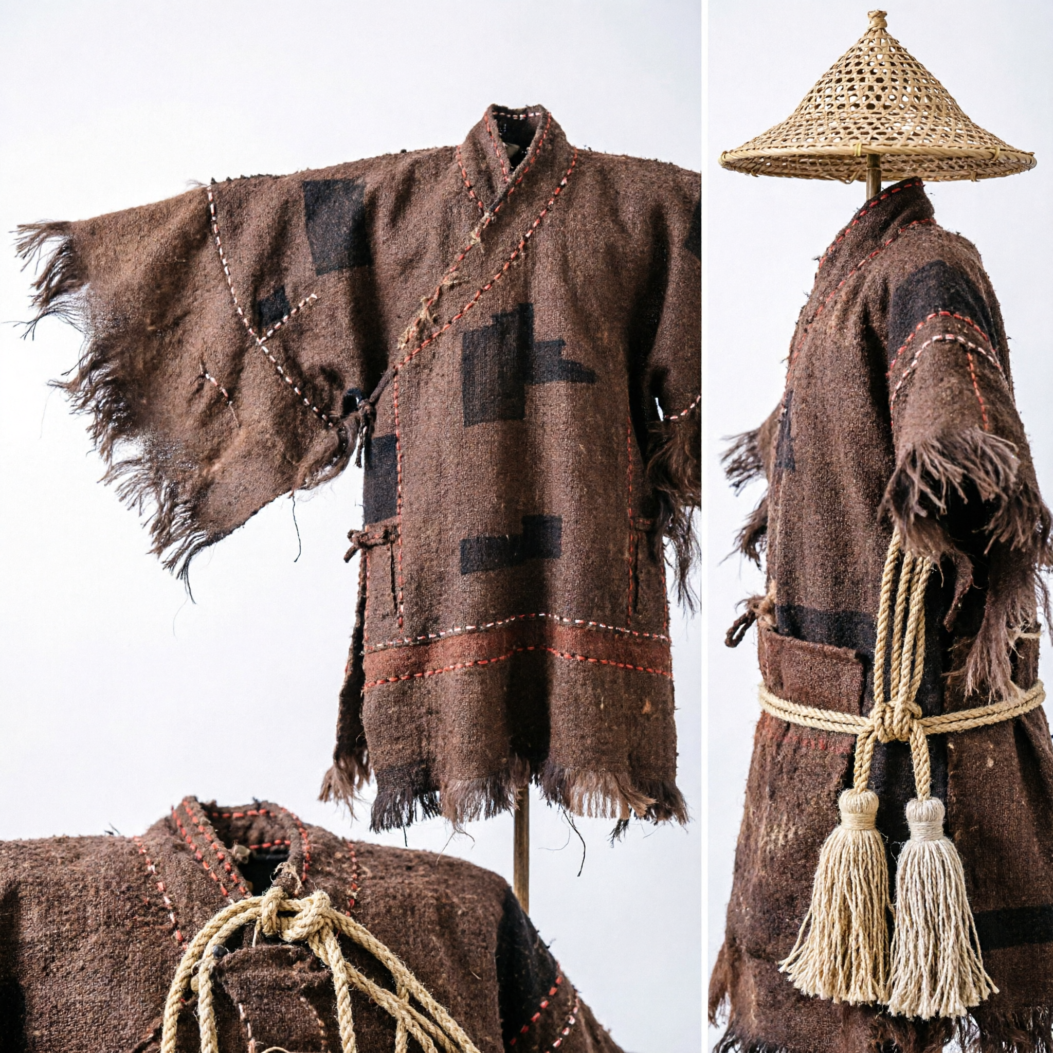 Traditional Chinese Palm Fiber Rain Cape Cloak and Woven Bamboo Hat Ancient Folk Costume Cosplay Prop