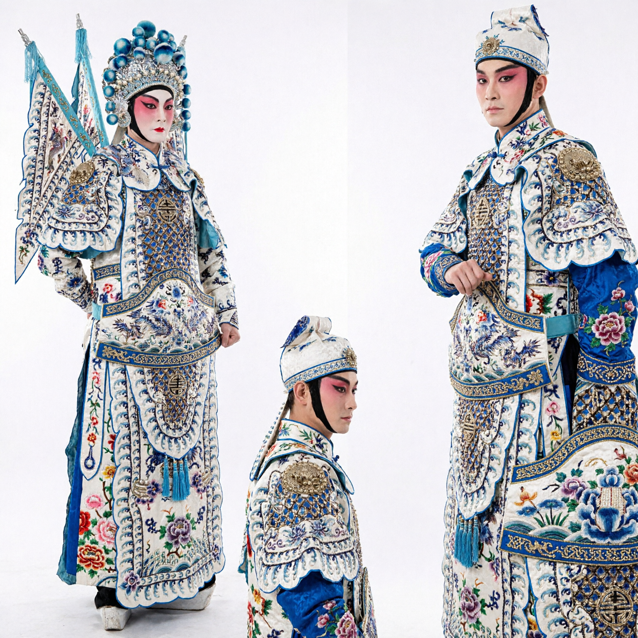 Exquisite Chinese Beijing Opera General Armor Costume with Flags and Headdress for Traditional Stage Performance