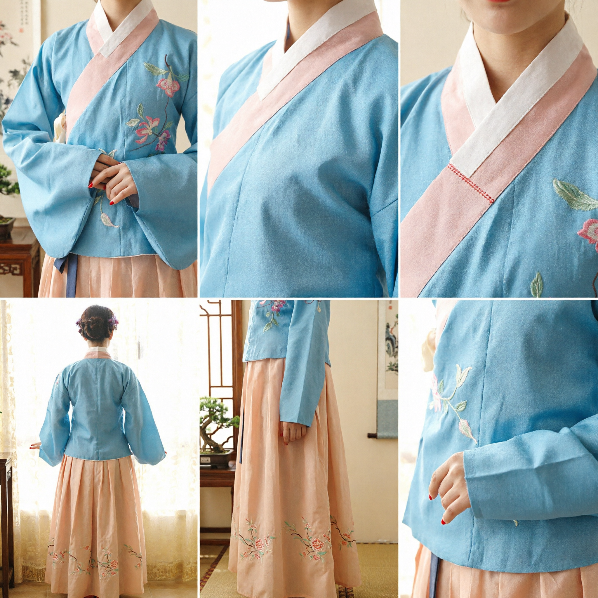 Traditional Korean Hanbok Dress for Women Light Blue Jeogori and Peach Chima Floral Embroidery Palace Costume