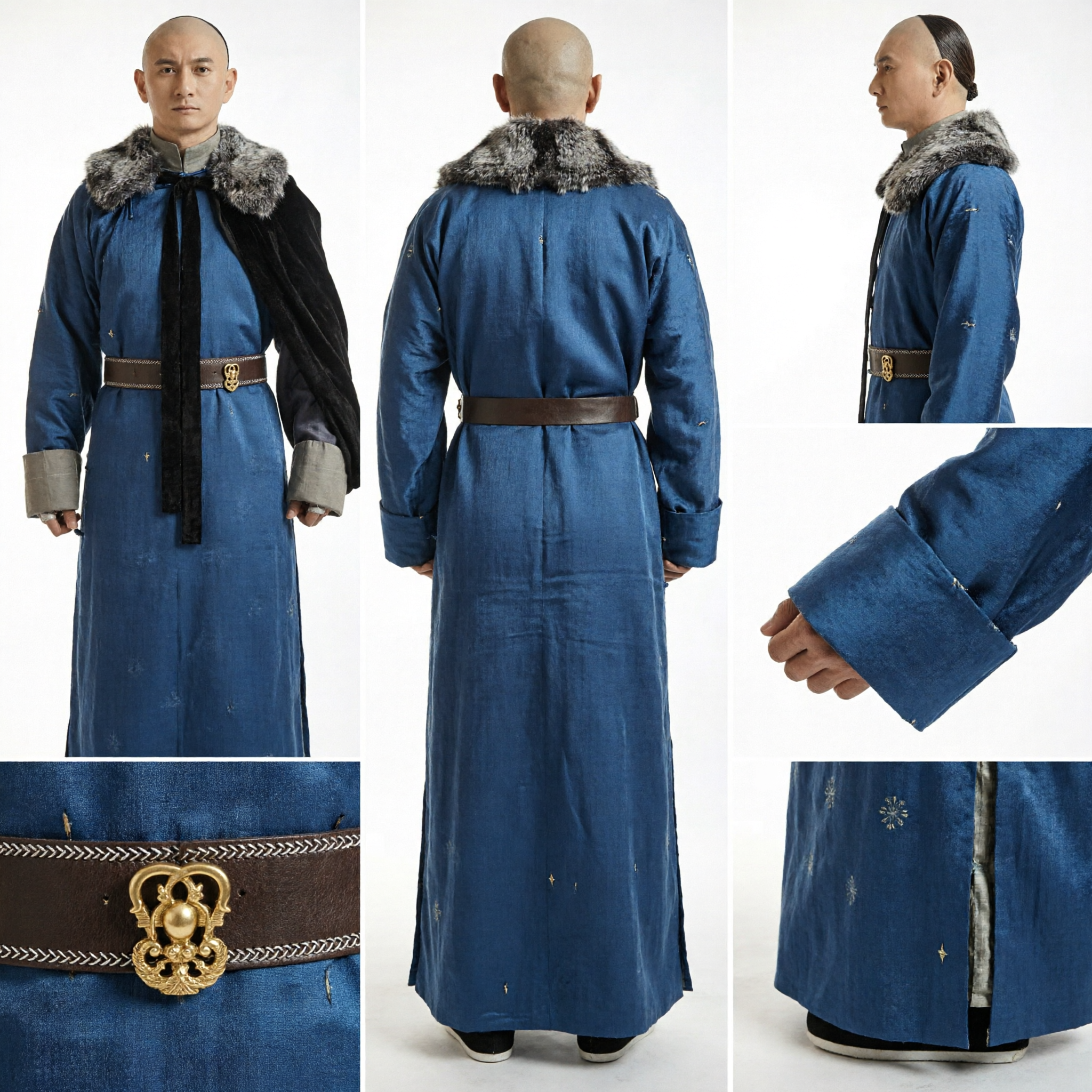 Men's Qing Dynasty Traditional Chinese Manchu Changshan Robe with Fur Collar Ancient Nobleman Winter Costume