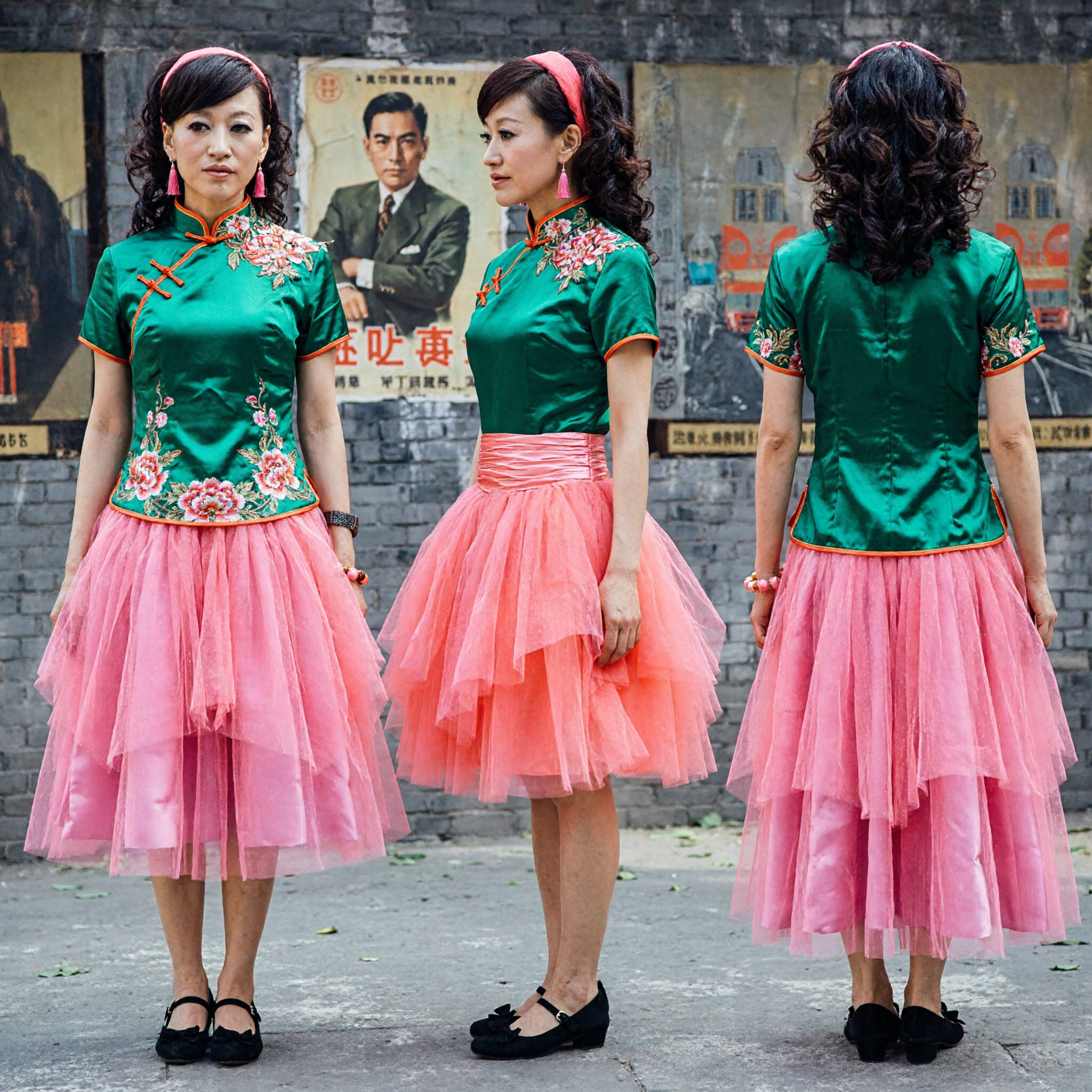 Modern Fusion Green Cheongsam Top with Pink Tulle Tutu Skirt Traditional Chinese Dance Performance Costume