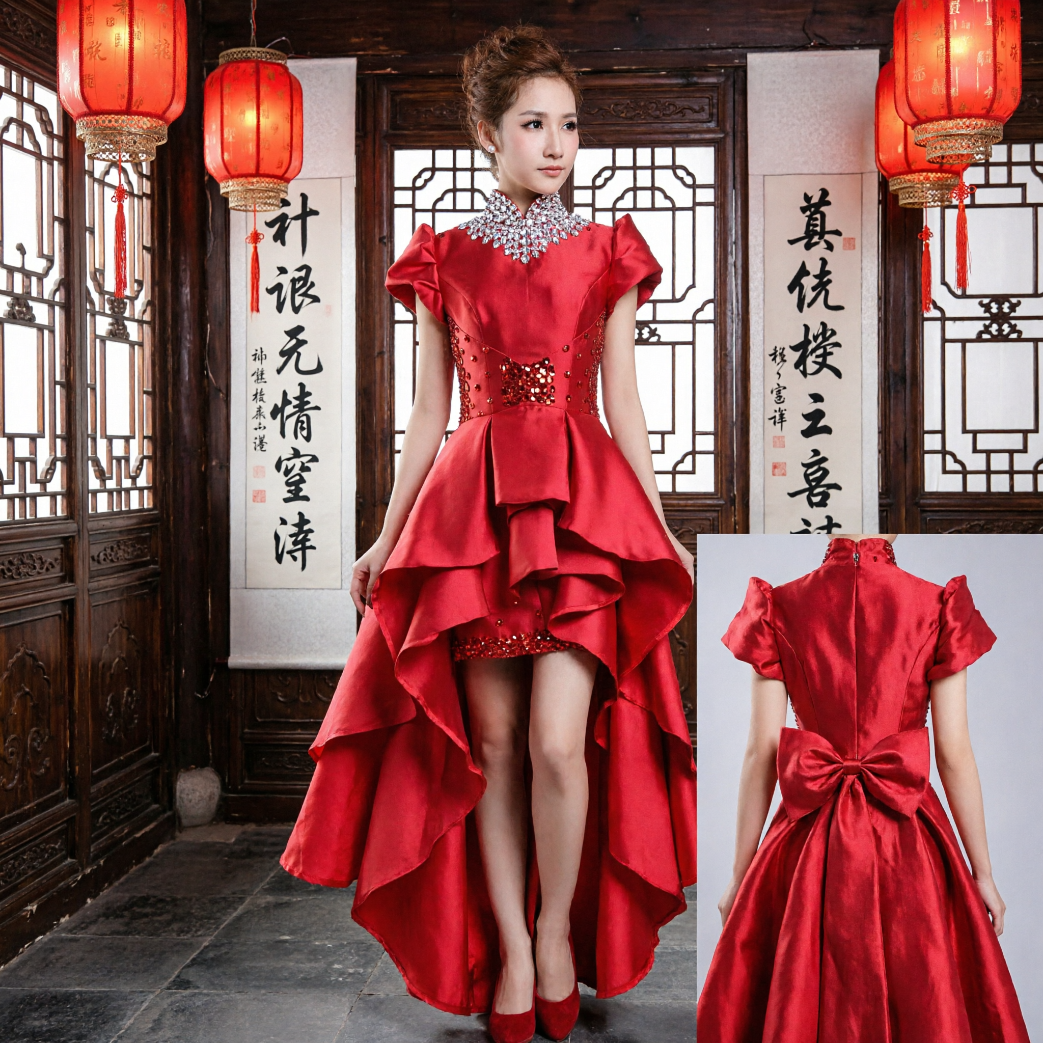 Elegant Red Satin High Low Wedding Dress Modern Chinese Qipao Style Bridal Toast Gown