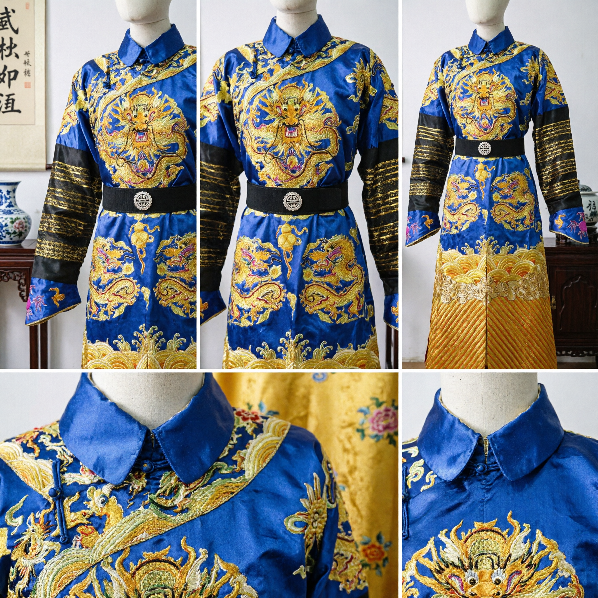Men's Traditional Chinese Blue Robe with Gold Dragon Embroidery for Stage Performance and Cultural Events