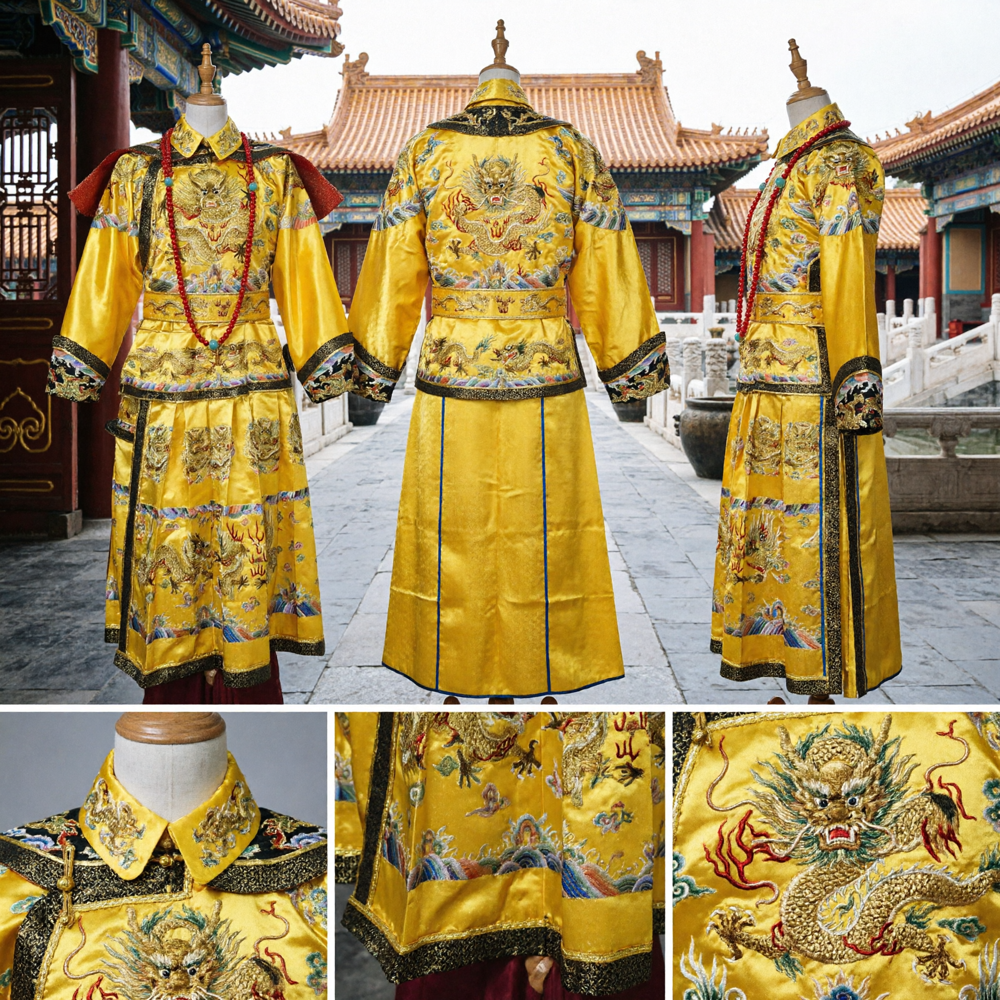 Complete Traditional Chinese Emperor Dragon Robe Costume Qing Dynasty Yellow Imperial Clothing Men Cosplay Stage Performance