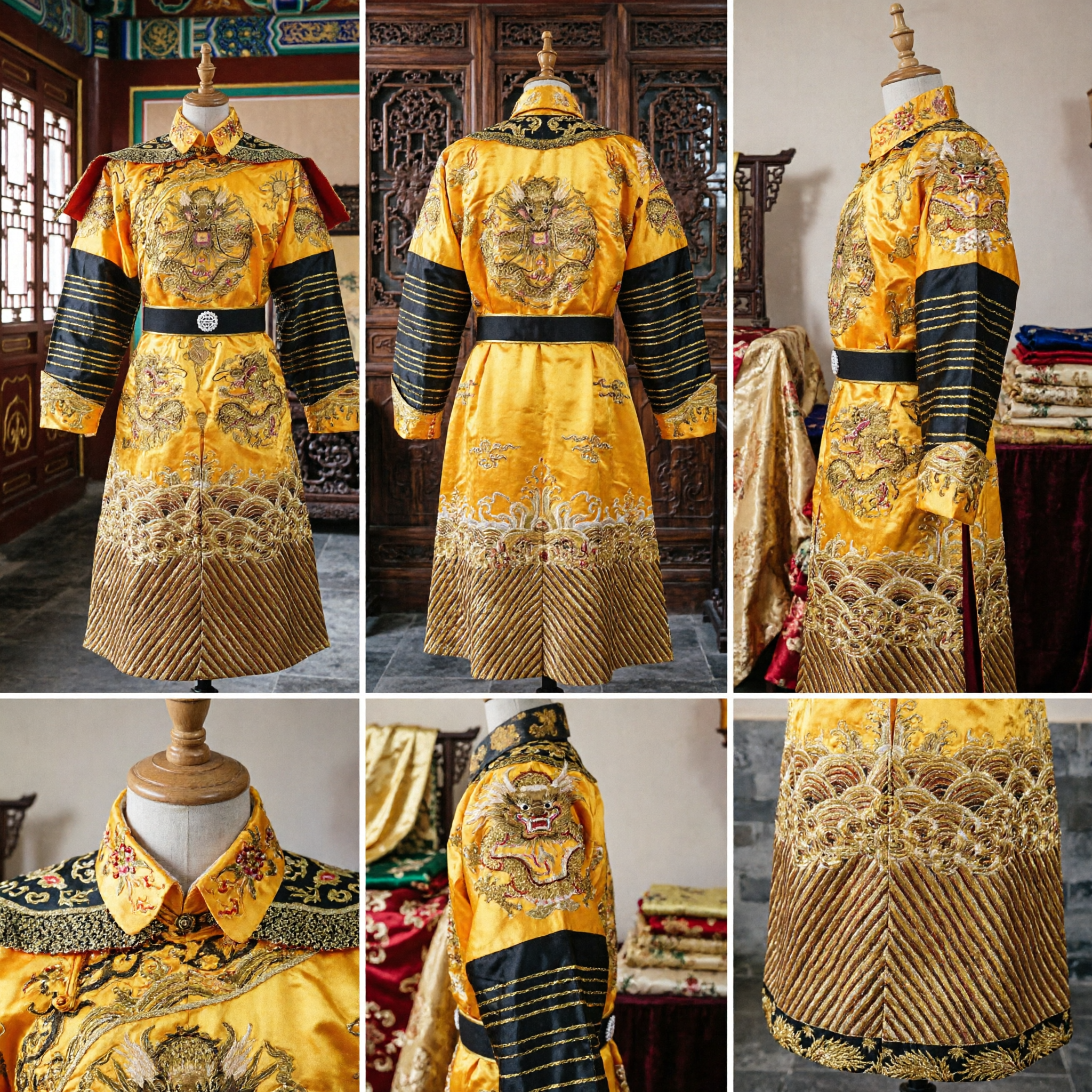 Traditional Chinese Emperor Dragon Robe Costume Yellow Silk Qing Dynasty Official Outfit for Men Performance