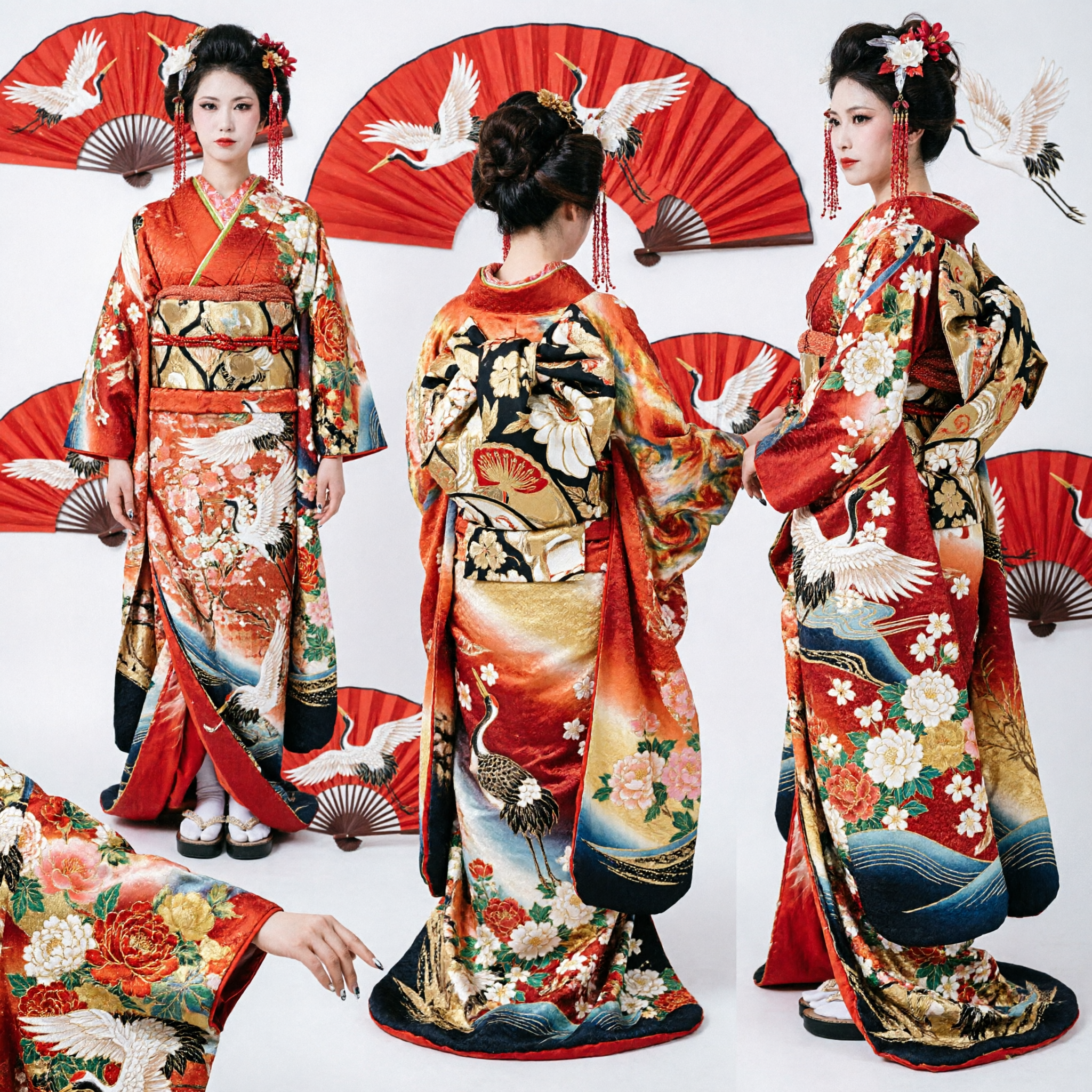 Traditional Red Asian Kimono Wedding Dress with Gold Floral Patterns for Women's Cultural Events