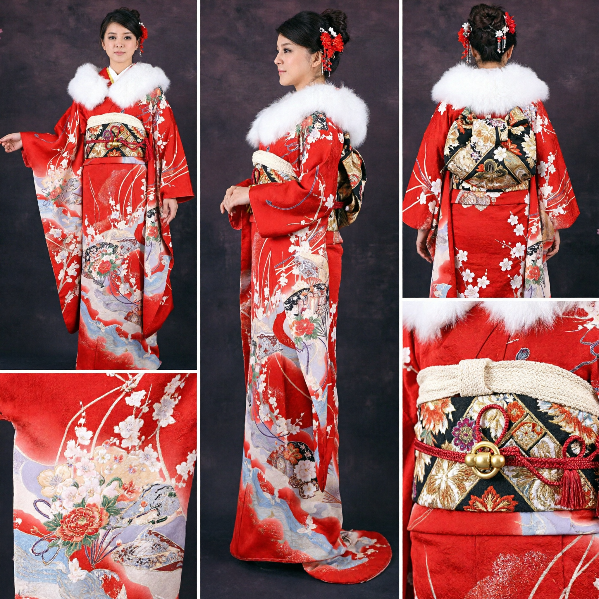 Traditional Red Japanese Furisode Kimono with Floral Pattern and White Fur Stole for Wedding Ceremonies