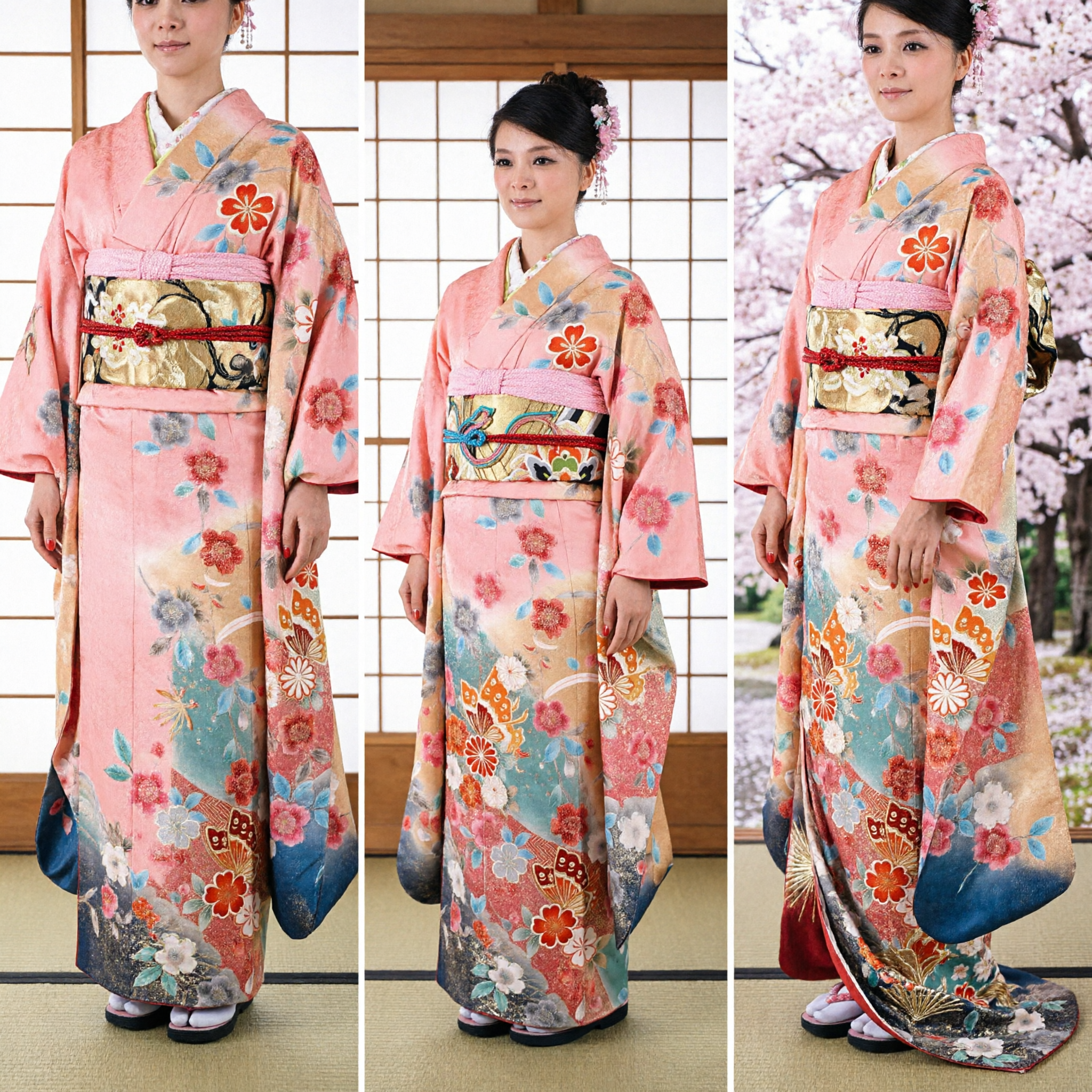 Elegant Pink Floral Japanese Kimono Traditional Furisode Costume for Women Cultural Festival Performance