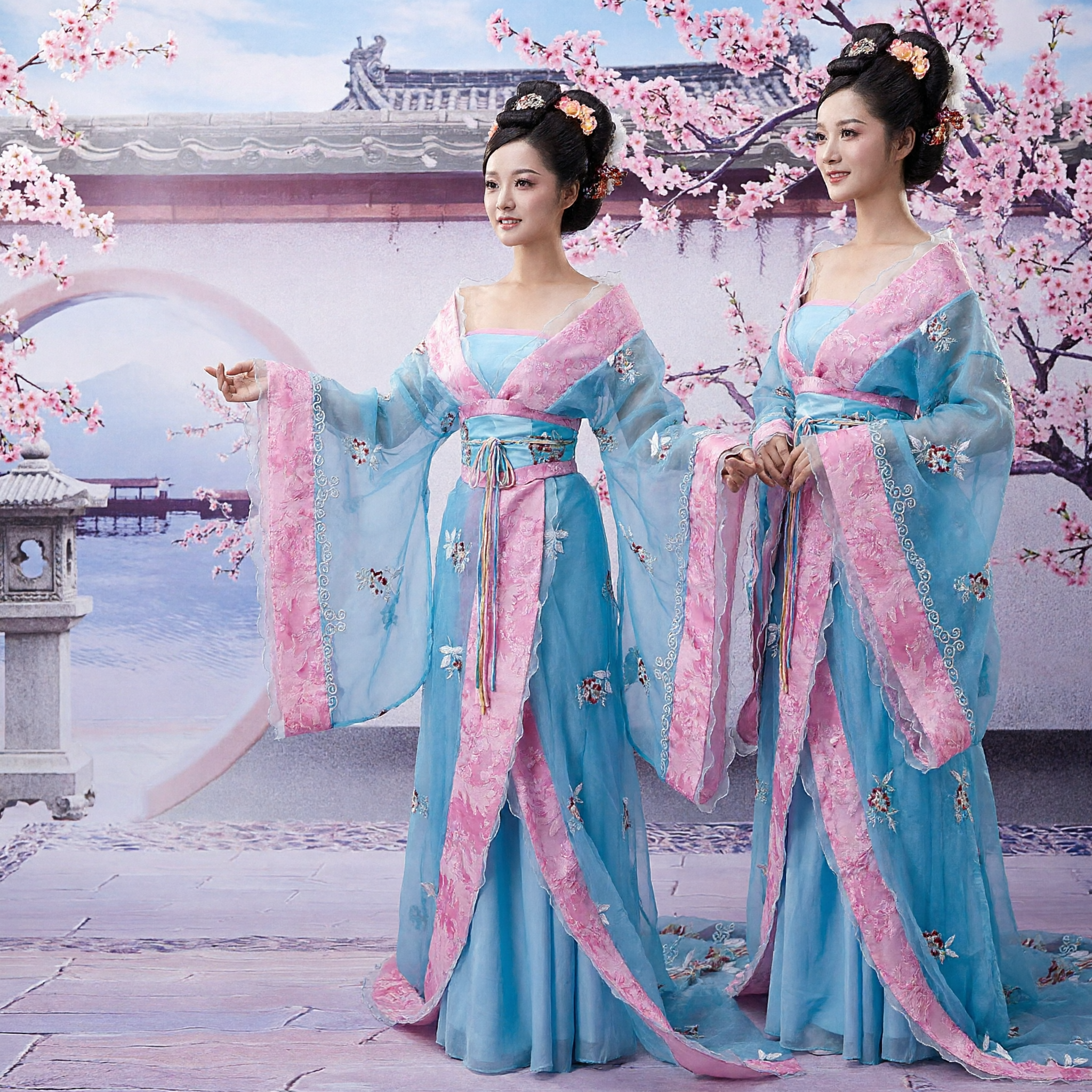 Ancient Chinese Tang Dynasty Hanfu Dress Blue Pink Floral Embroidery Traditional Costume for Women Performance