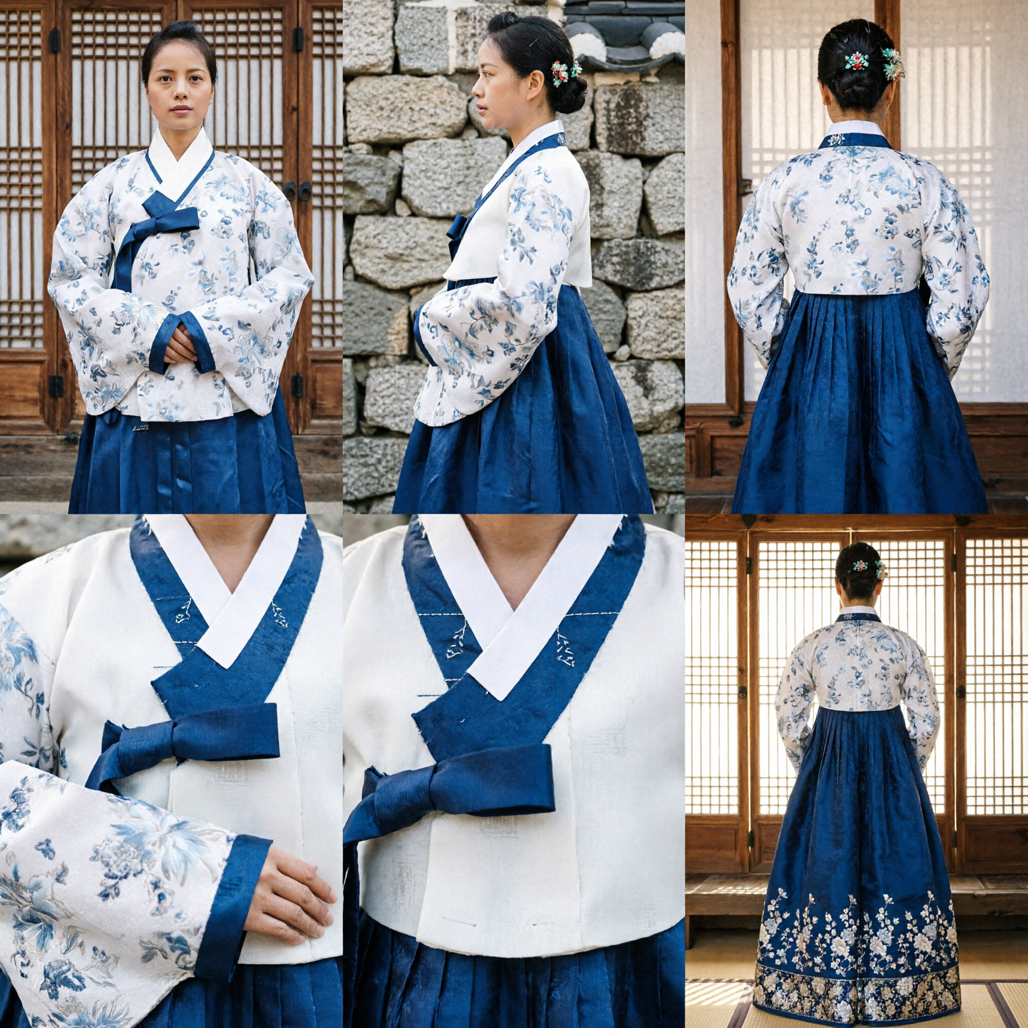 Ancient Korean Traditional Hanbok Costume for Women featuring Blue Floral Jeogori and Dark Blue Chima Skirt