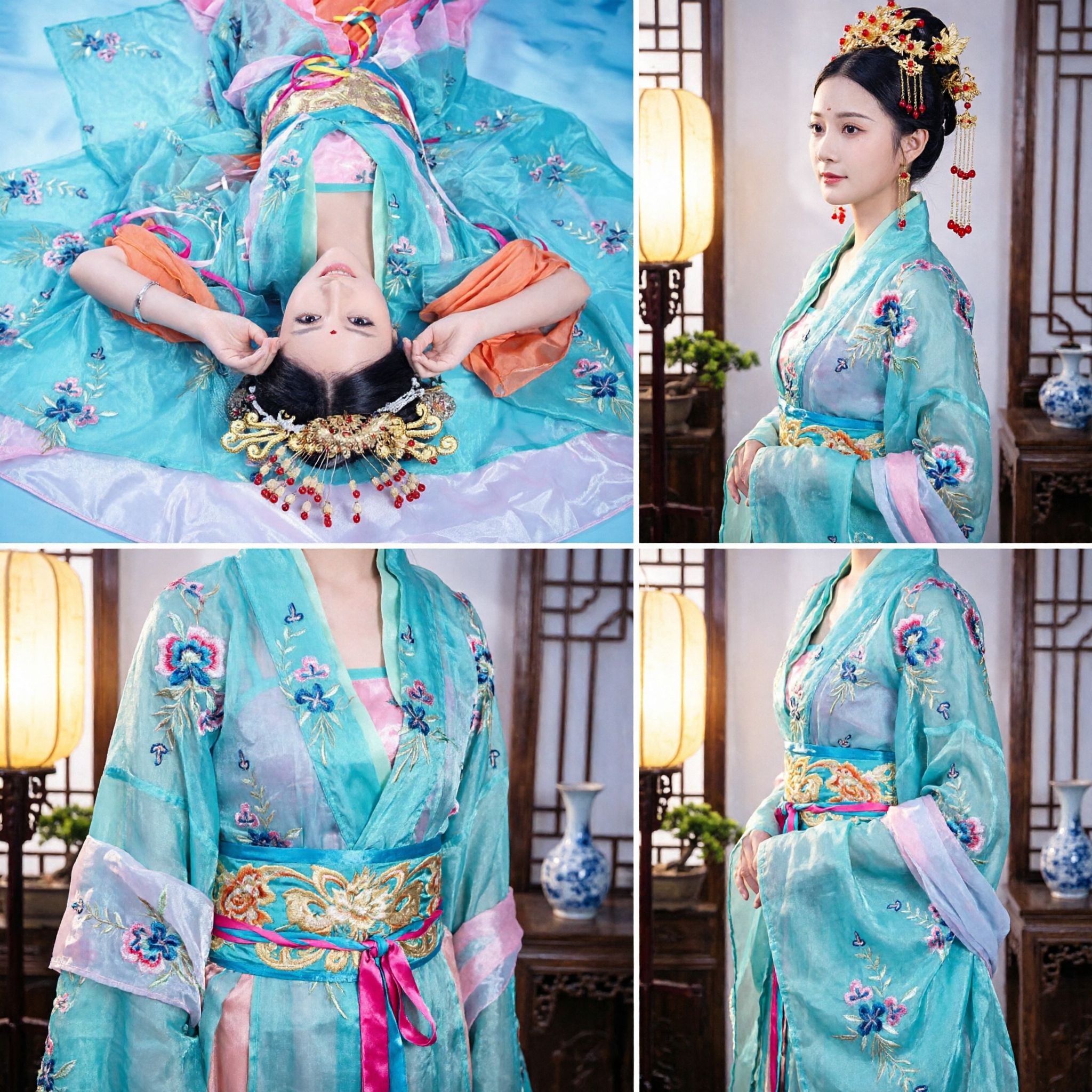 Women's Traditional Chinese Hanfu Tang Dynasty Dunhuang Flying Apsara Dance Costume Blue and Orange Ensemble