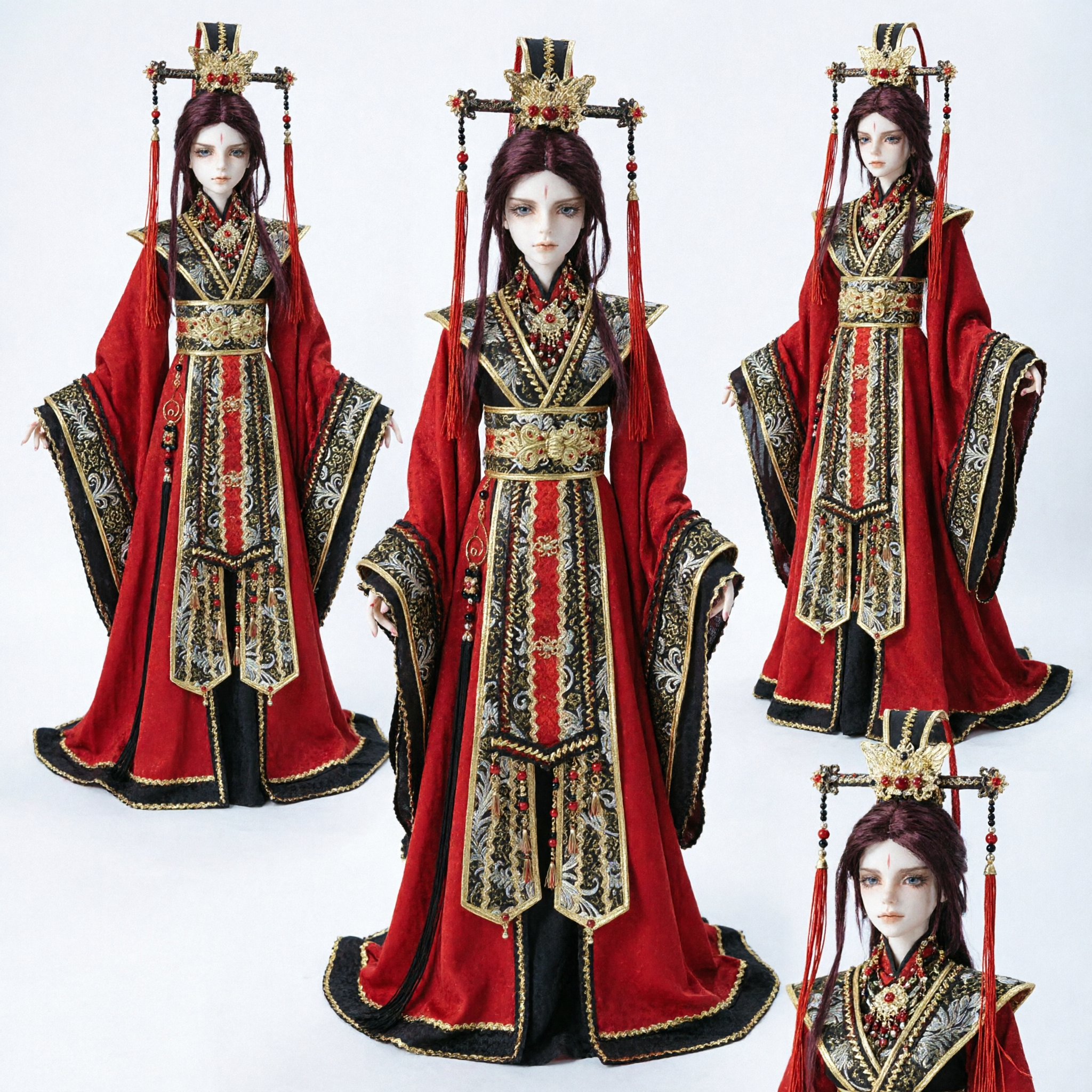 1/3 Scale BJD Doll Traditional Chinese Hanfu Red Black Gold Embroidery Ancient Royal Wedding Costume Set