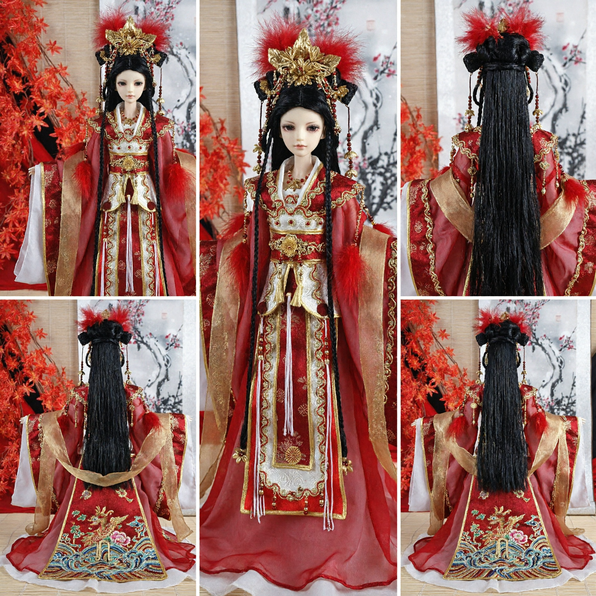 Traditional Chinese Hanfu Wedding Dress for BJD Doll Red Ancient Costume with Phoenix Crown and Gold Embroidery