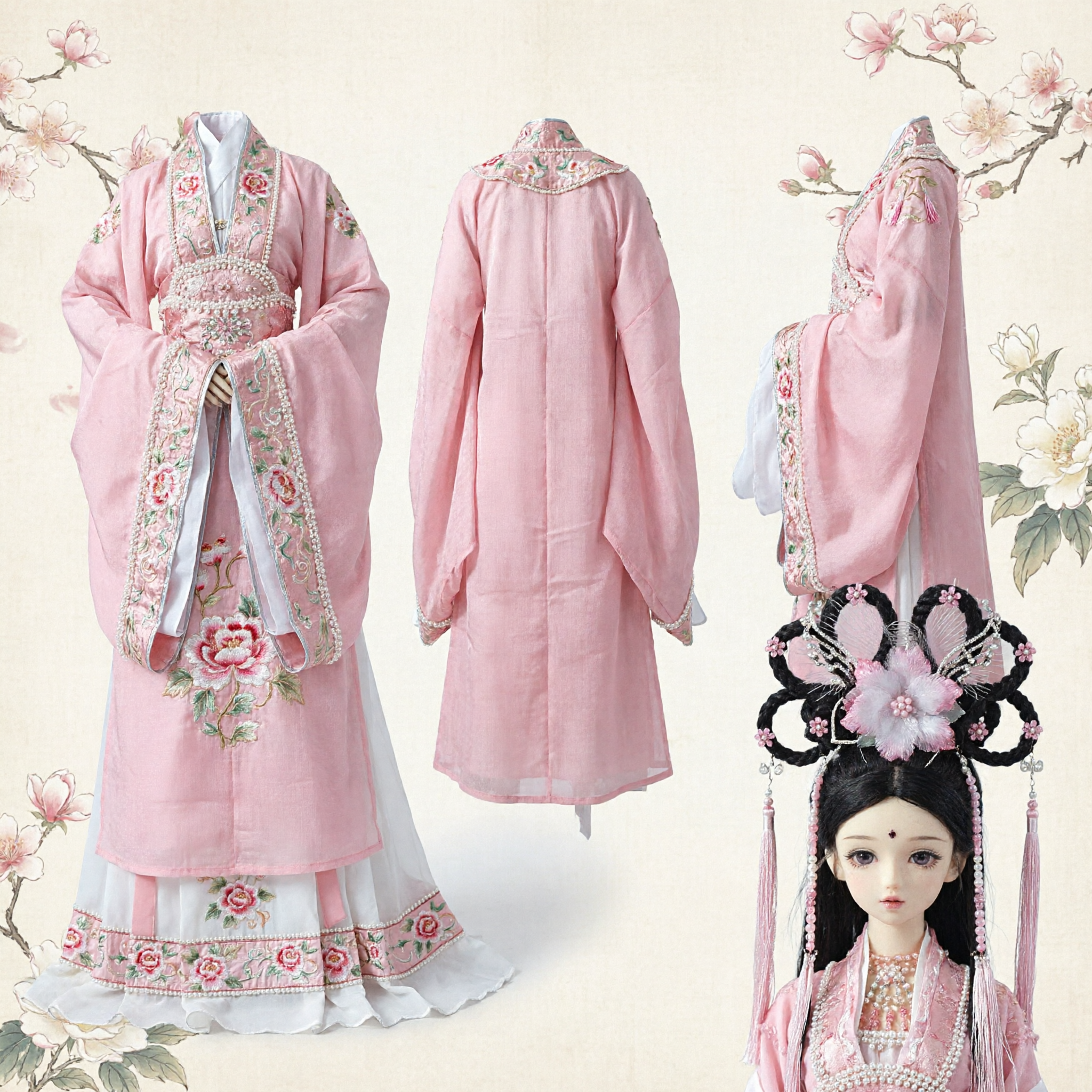 Exquisite Pink Chinese Traditional Hanfu Doll Ancient Princess Costume Figure with Floral Headdress Cultural Gift