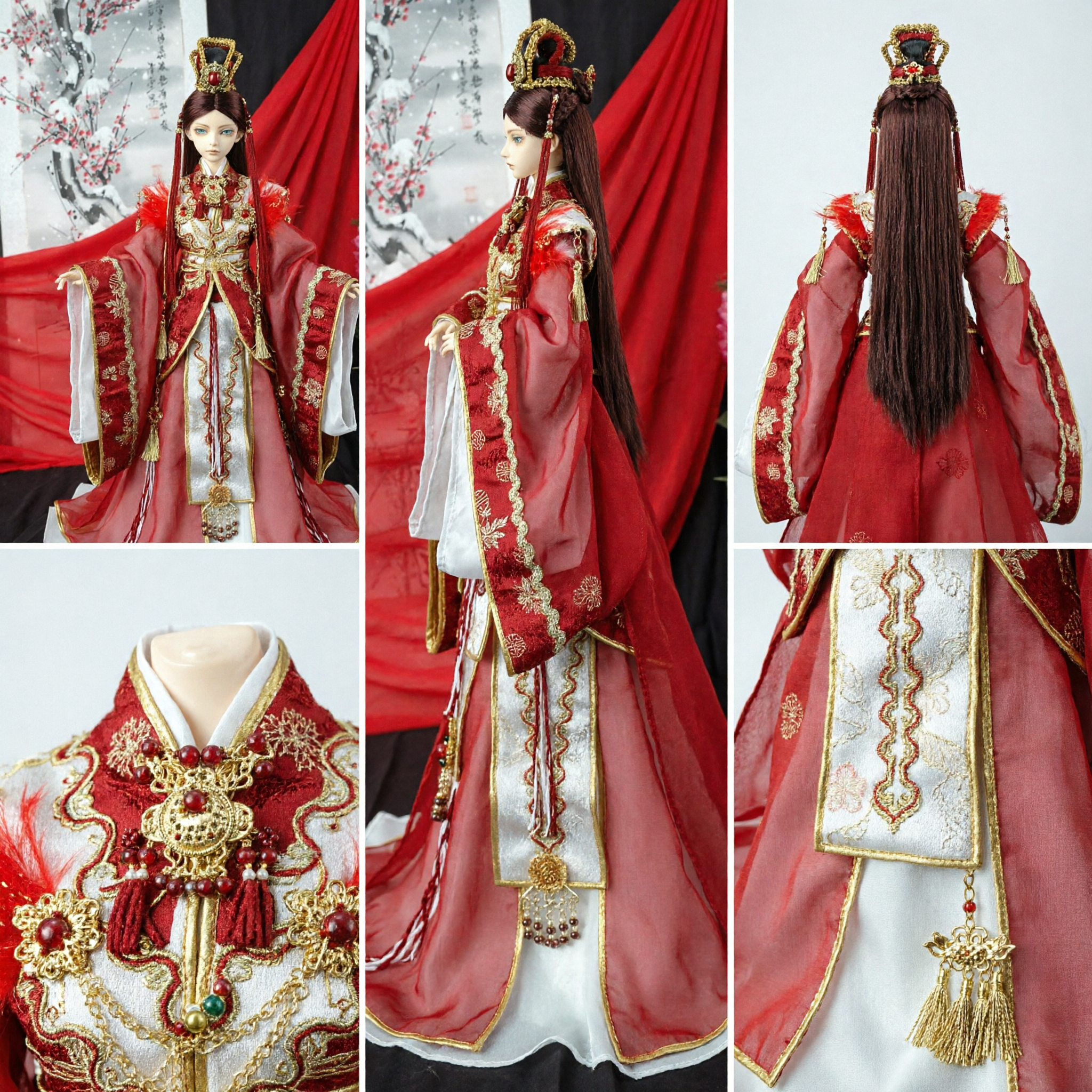 Traditional Chinese Red Hanfu Wedding Dress with Gold Embroidery and Phoenix Crown for Women Cosplay