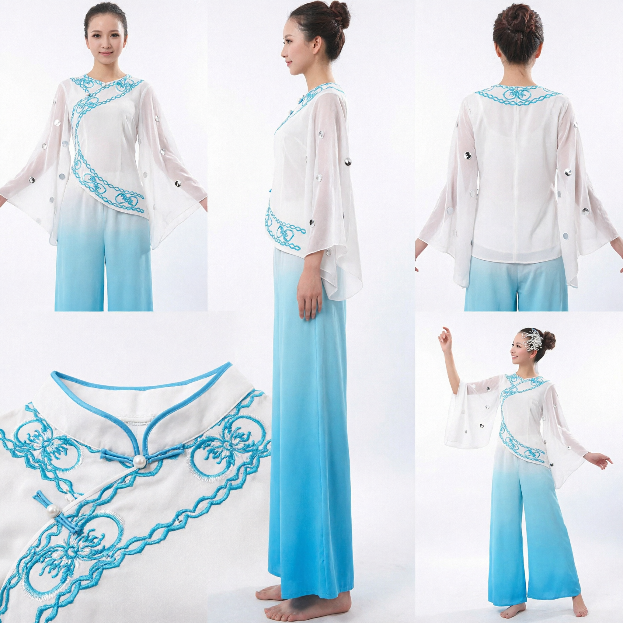 Women's Traditional Chinese Folk Dance Costume White Embroidered Top Blue Gradient Pants Yangge Performance Outfit