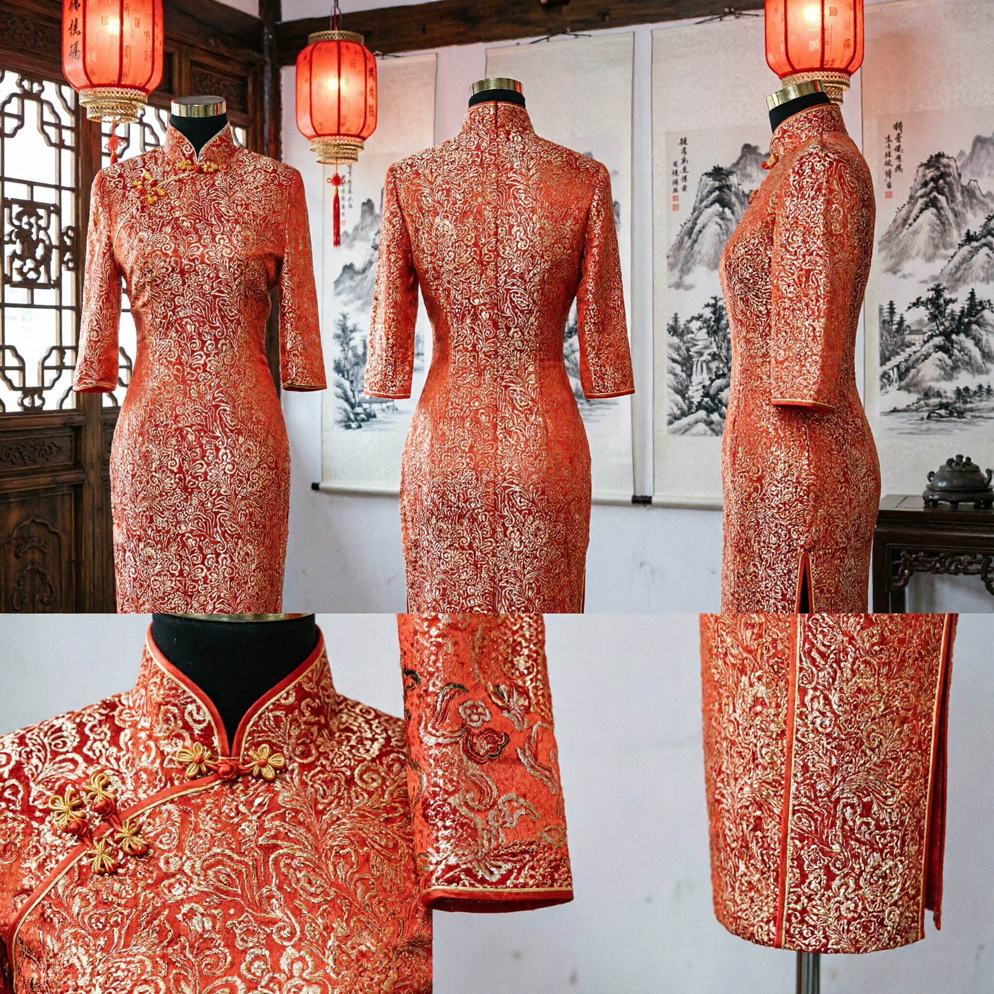 Elegant Red Chinese Qipao Cheongsam Dress Gold Brocade Traditional Long Gown for Wedding Banquet Formal Wear