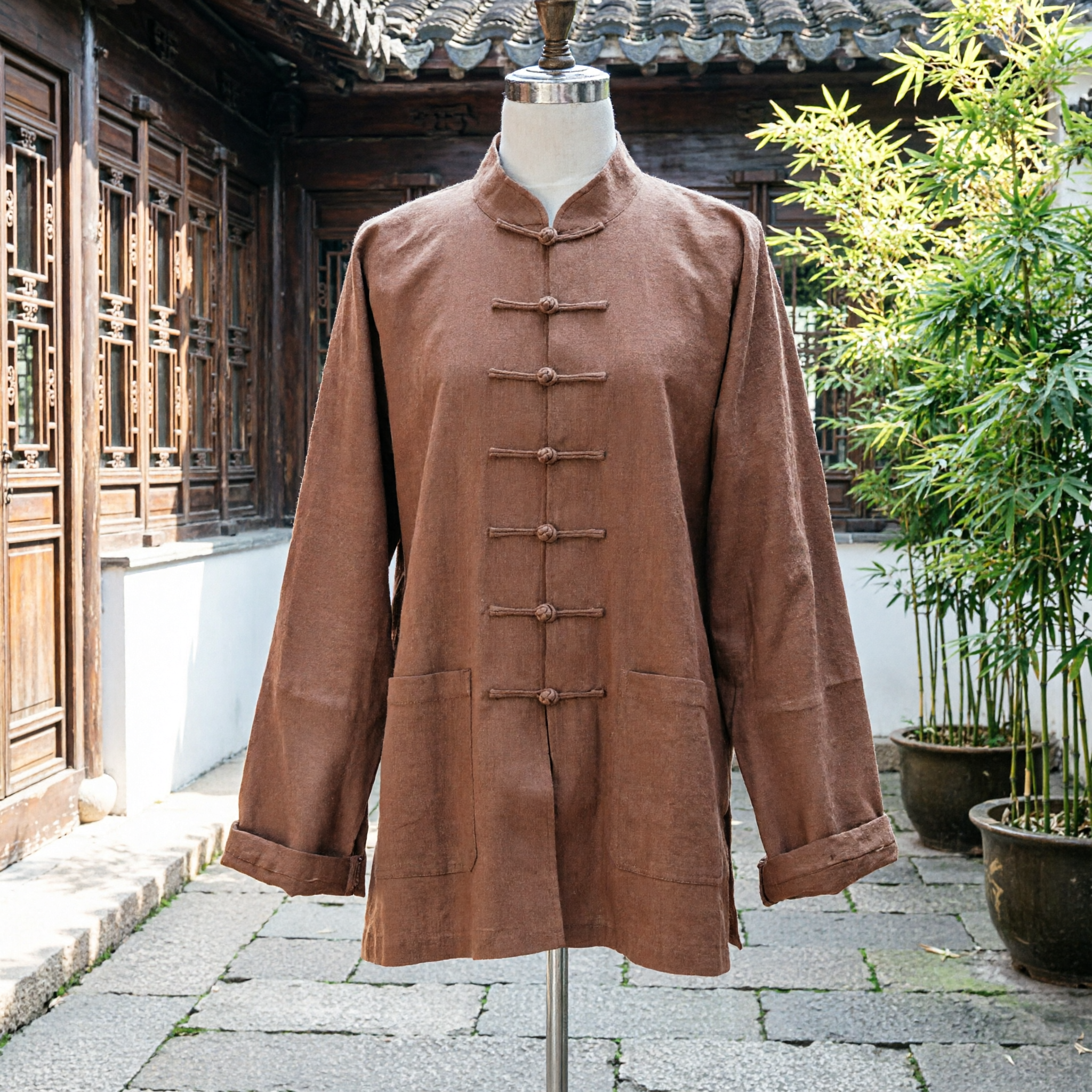 Men's Brown Linen Tang Suit Traditional Chinese Kung Fu Jacket with Mandarin Collar for Casual Daily Wear