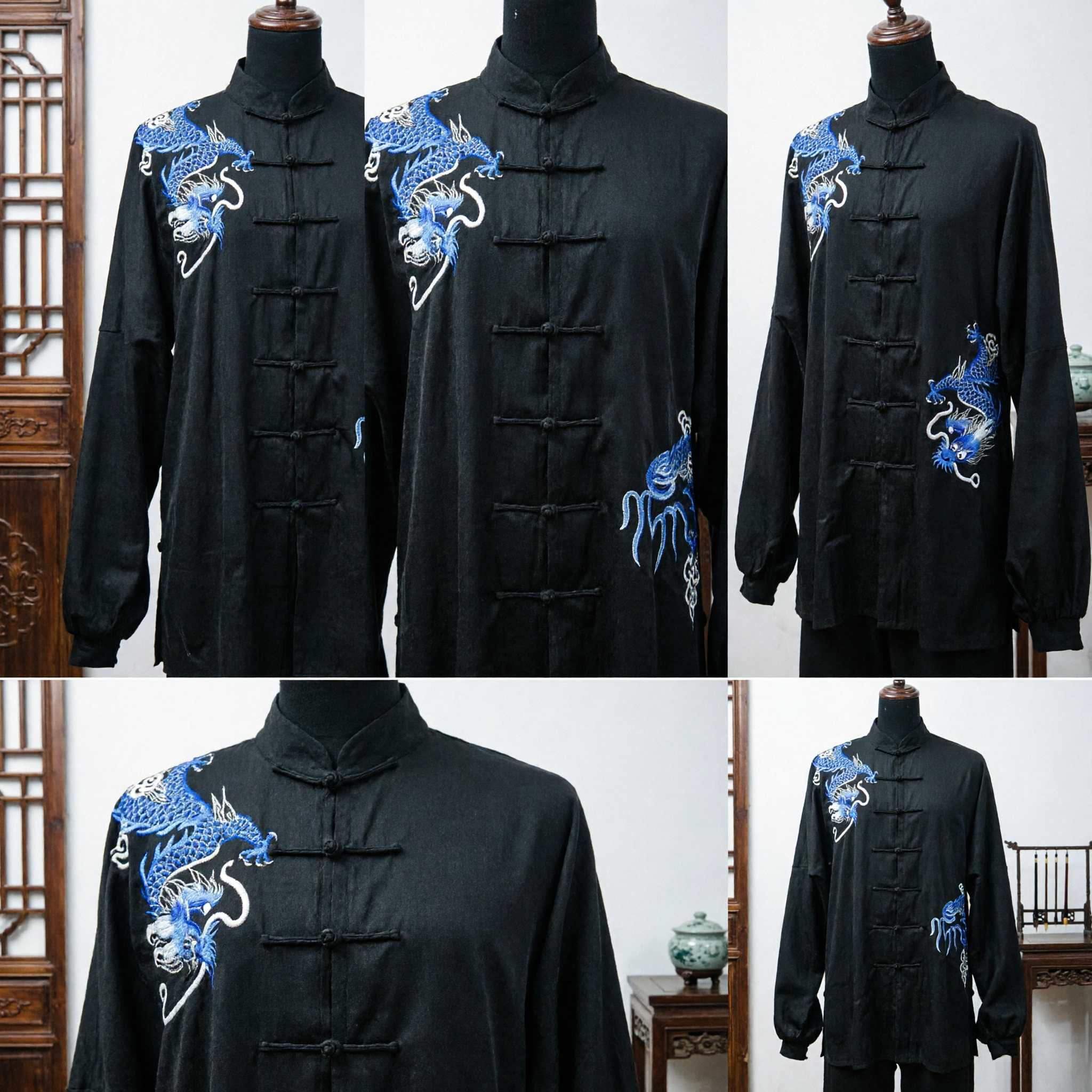 Men's Black Silk Dragon Embroidery Kung Fu Uniform Traditional Tai Chi Martial Arts Tang Suit