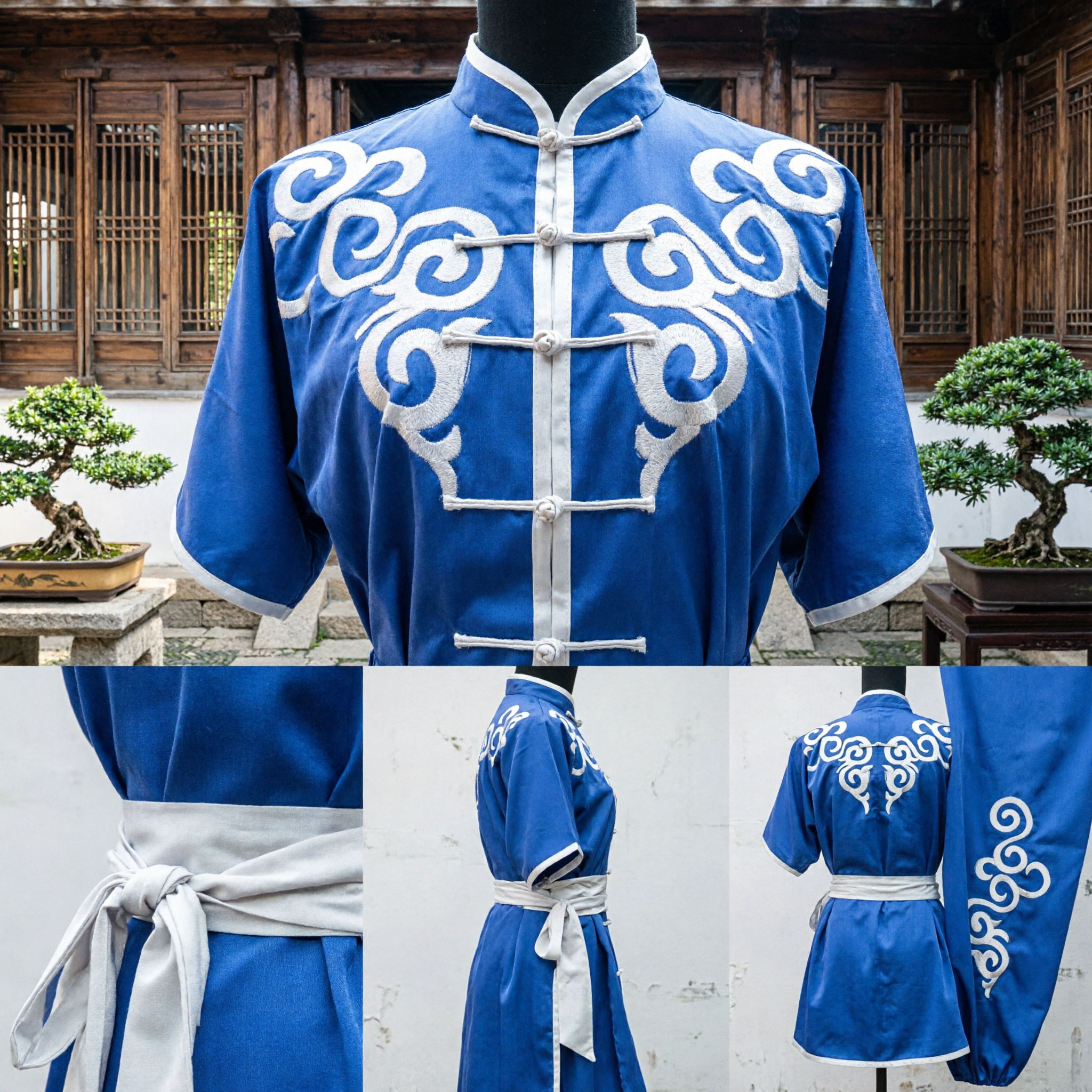 Traditional Blue Chinese Kung Fu Uniform Men's Martial Arts Costume with White Cloud Embroidery for Performance