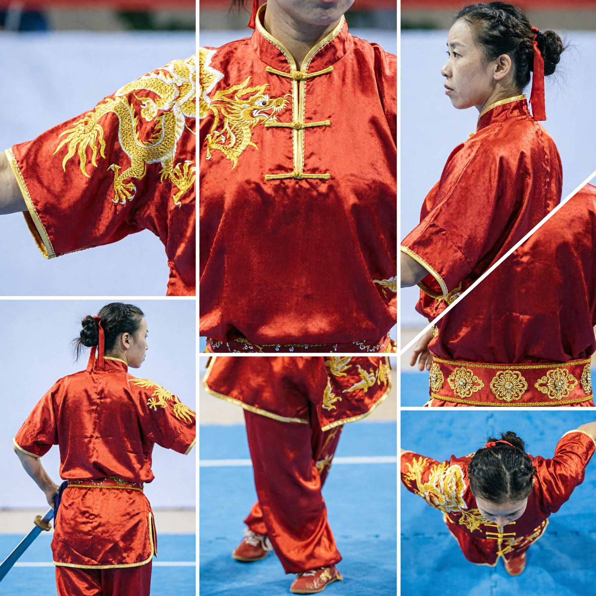 Women's Red Silk Wushu Uniform with Gold Dragon Embroidery for Kung Fu Competition and Performance